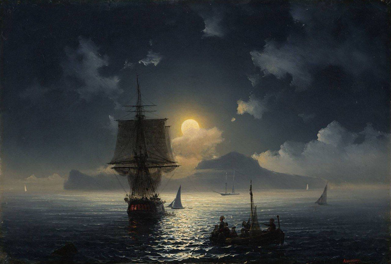 Night seascape with a tall ship at anchor, the moon breaking through cloud and laying a path of light across the water
