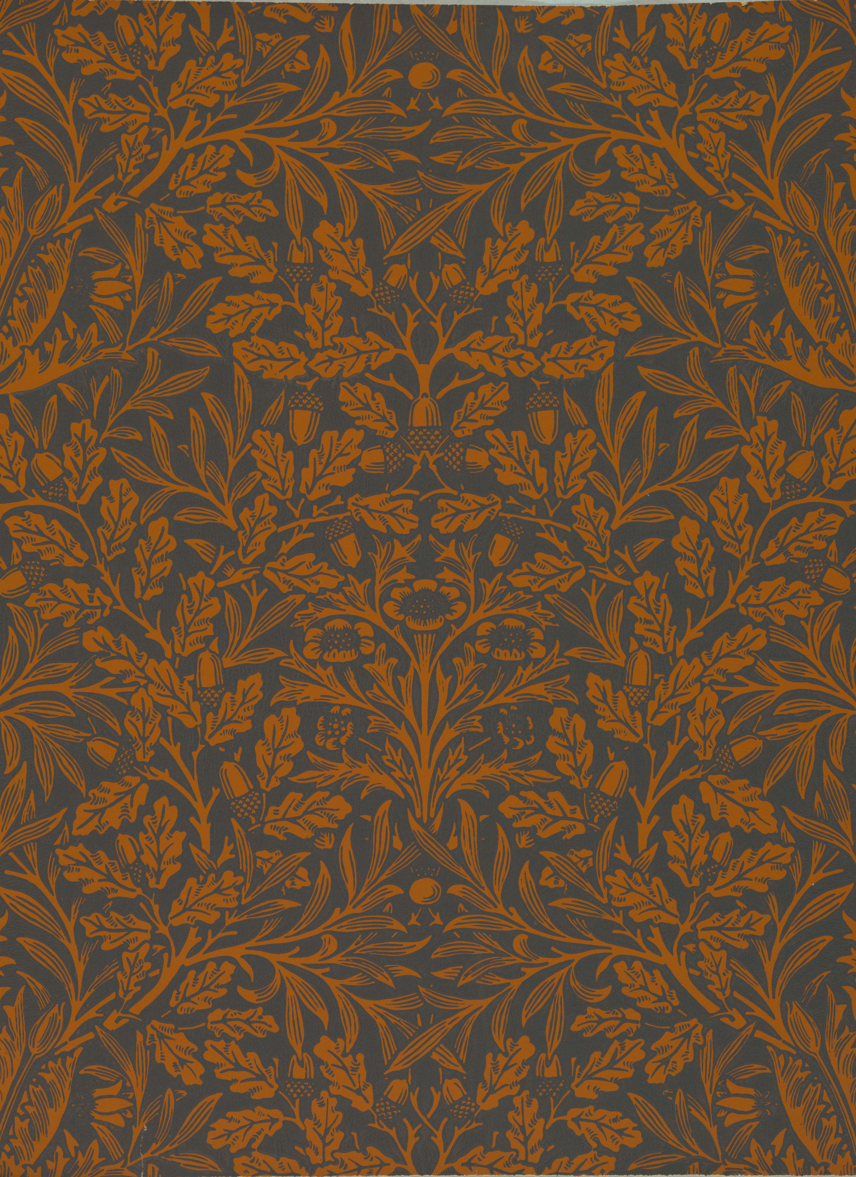 Dark slate-grey ground covered with gold-ochre oak leaves and acorns on scrolling stems