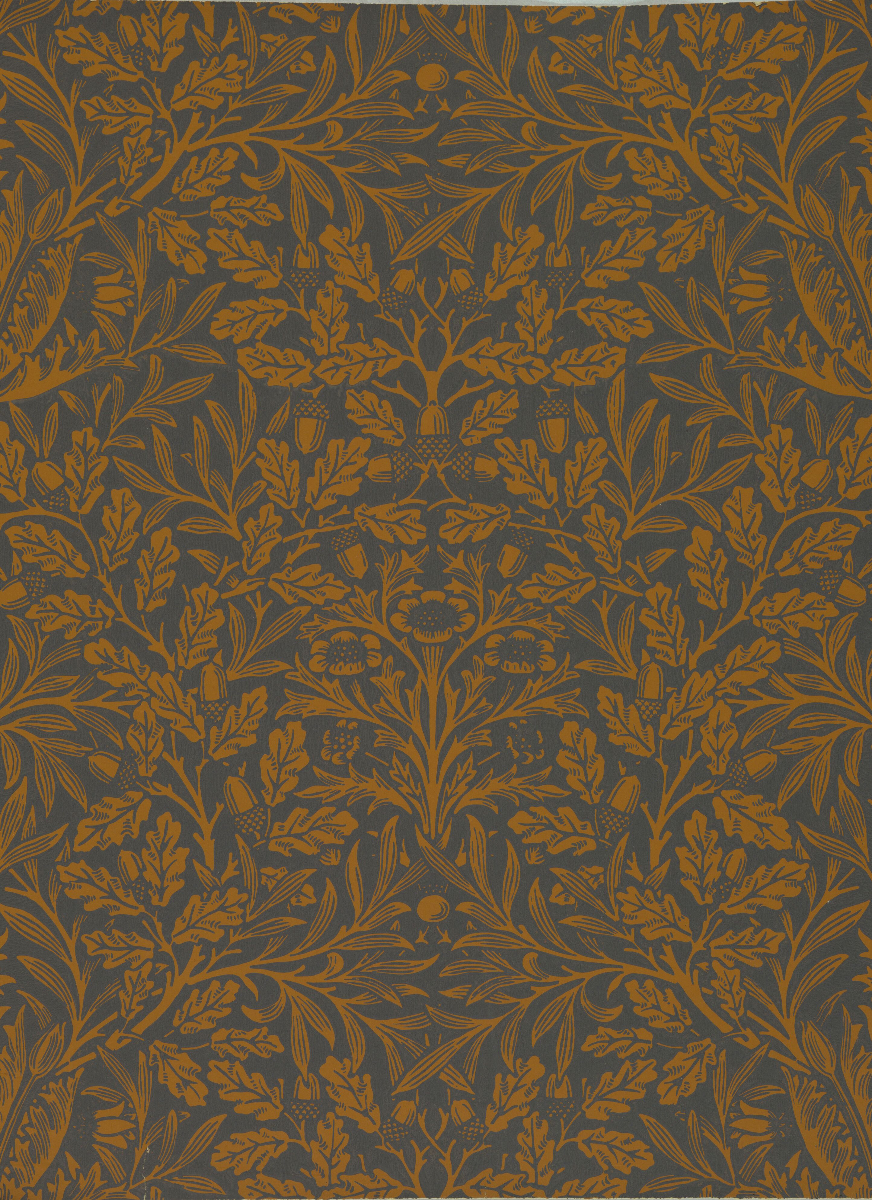 Dark slate-grey ground covered with gold-ochre oak leaves and acorns on scrolling stems