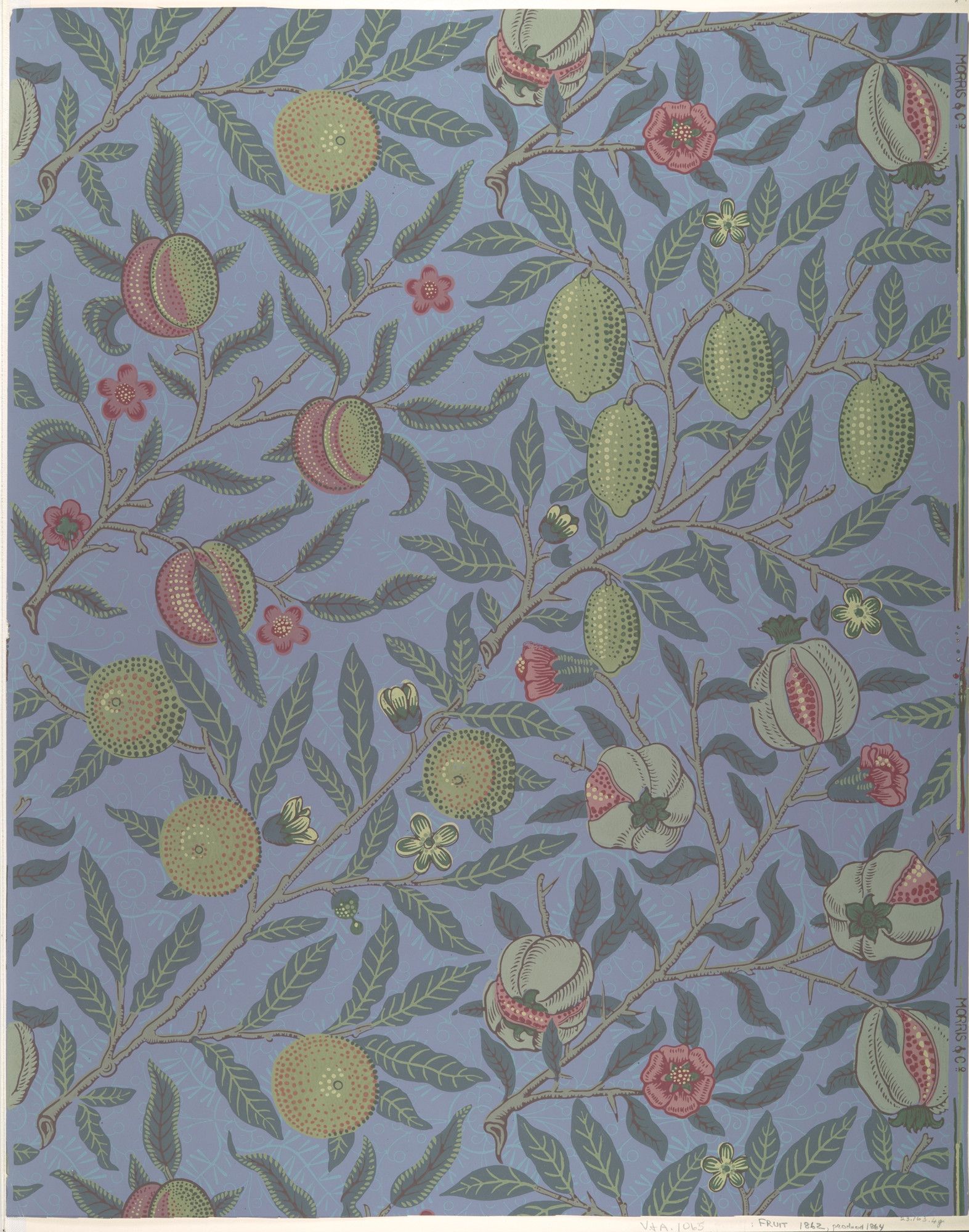 Pomegranates, lemons and peaches hanging among leafy branches on a soft blue-lilac ground