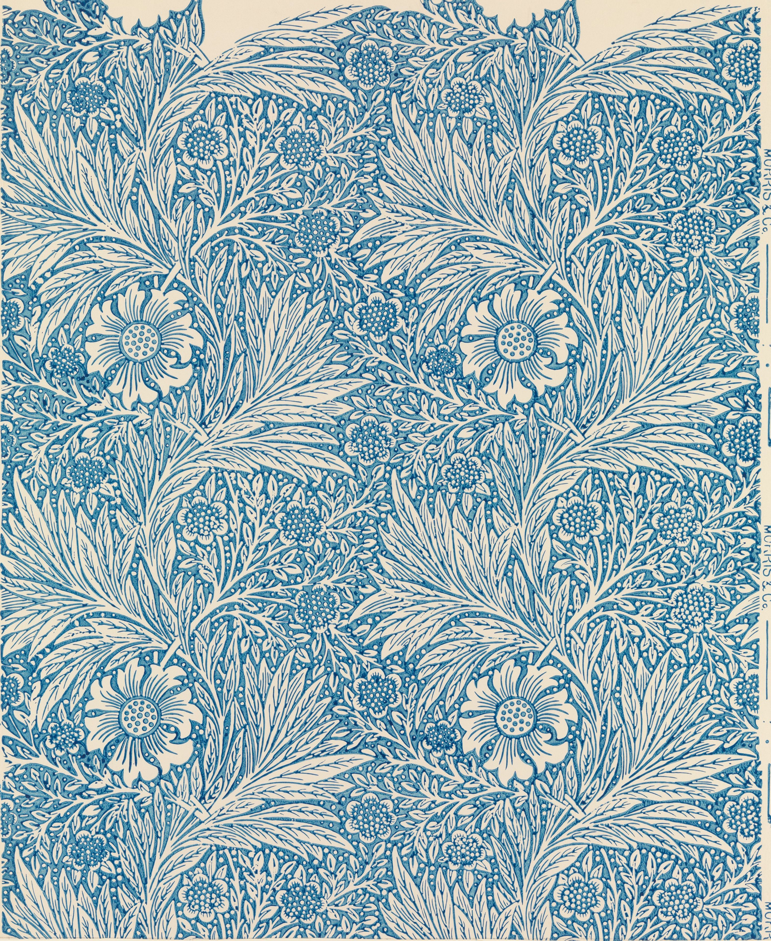 Marigold heads and finely cut foliage drawn in a single blue on white, the pattern turning back on itself in every direction