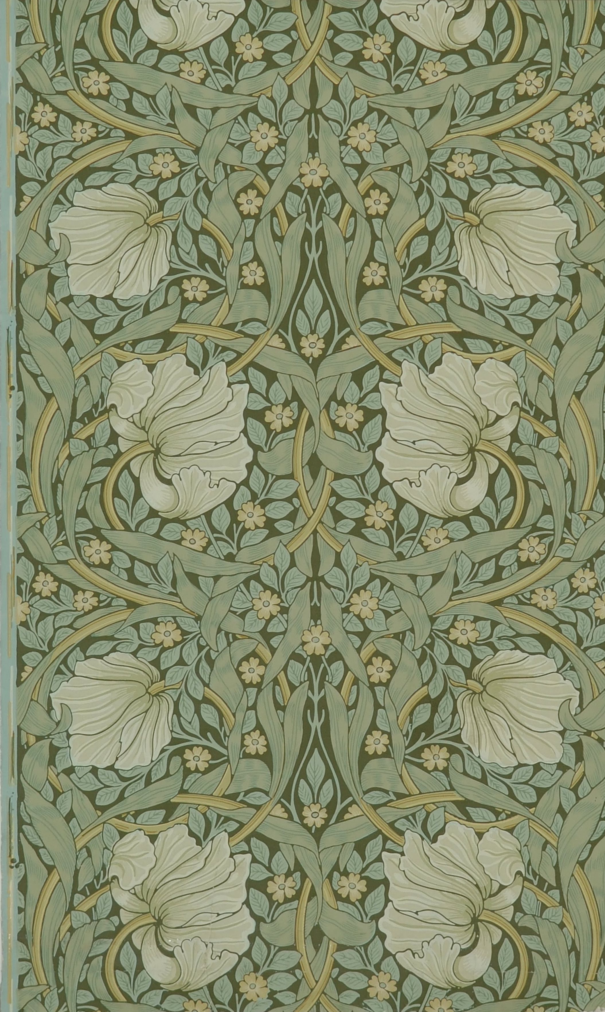 Large pale flowers and curling acanthus leaves in sage and olive, repeating over a darker green ground