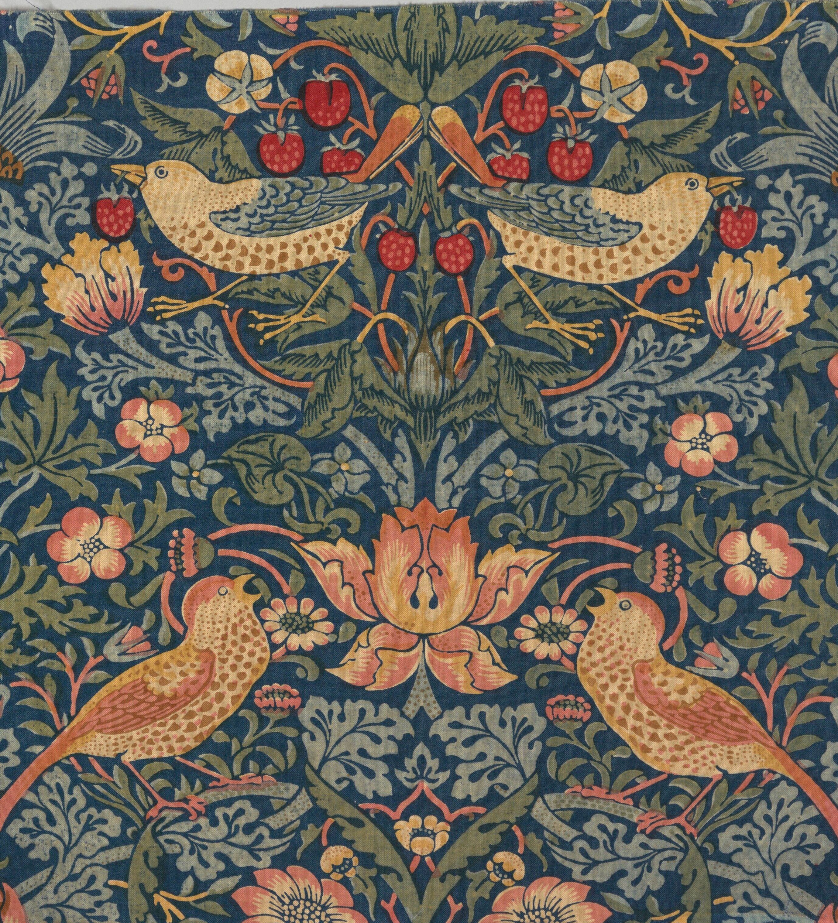 Repeating indigo pattern of thrushes stealing strawberries among scrolling foliage, tulips and pinks