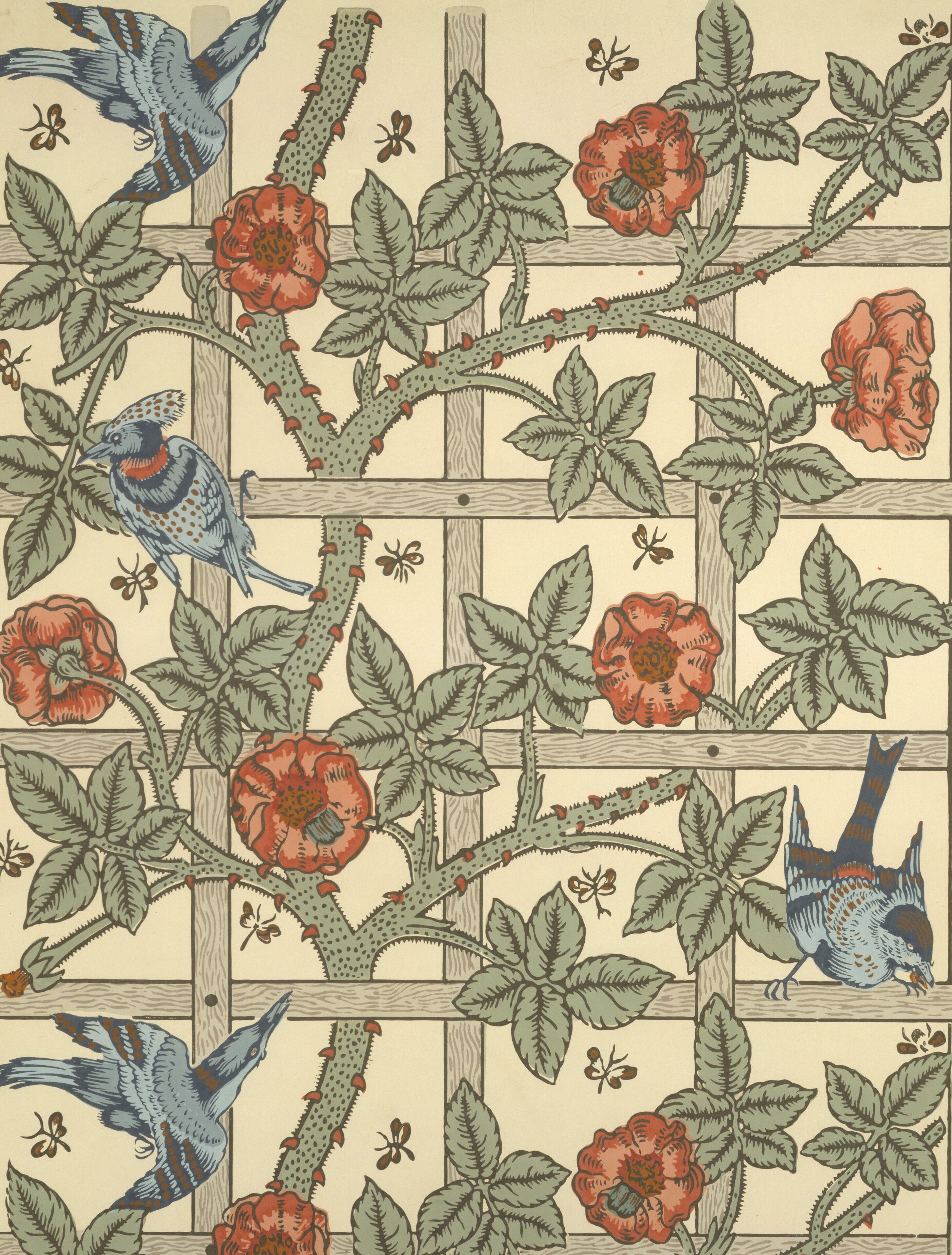 Wild roses climbing a wooden trellis with blue birds perched among the canes and insects between the leaves
