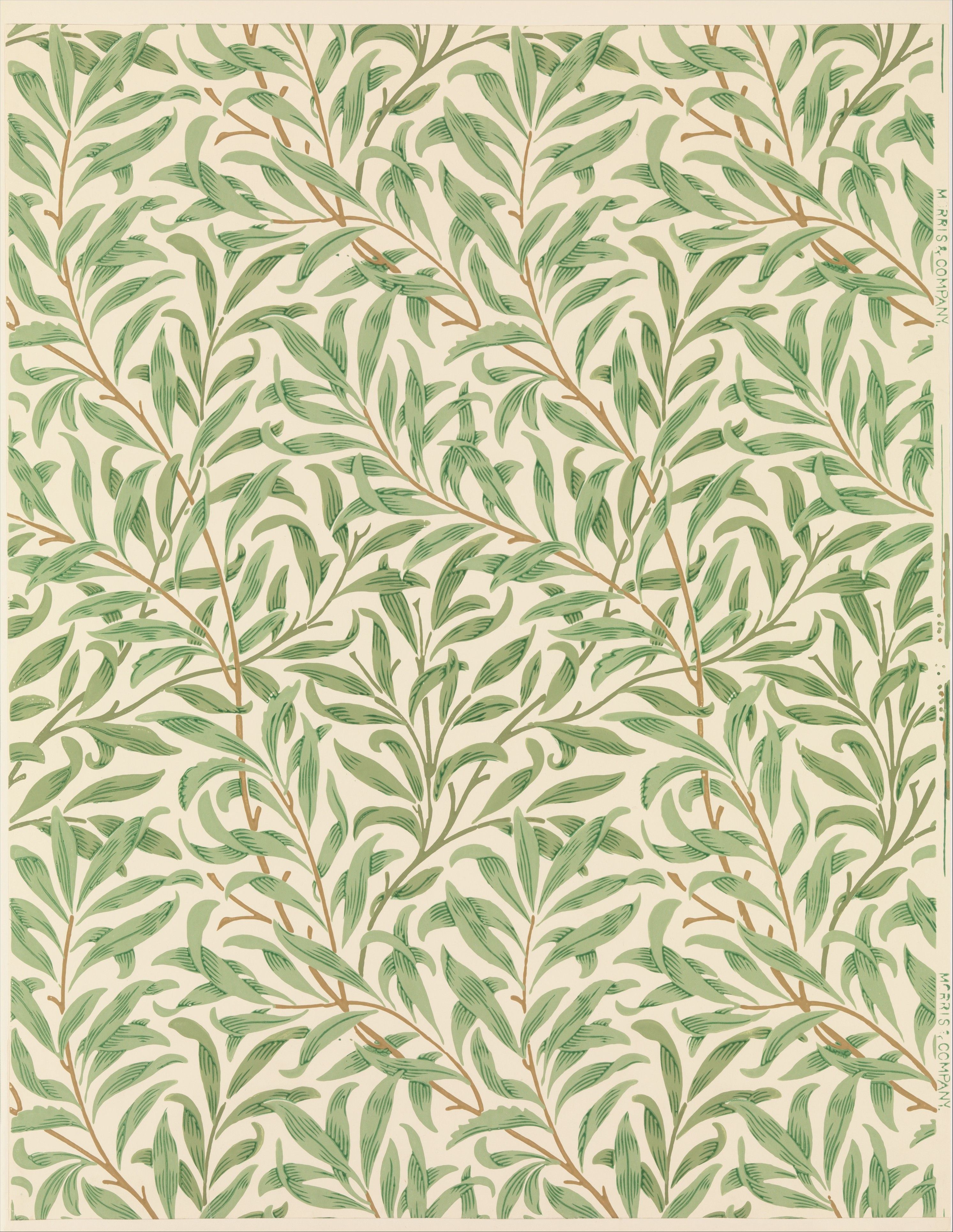 Dense repeating pattern of slender willow leaves and stems in soft green on a cream ground