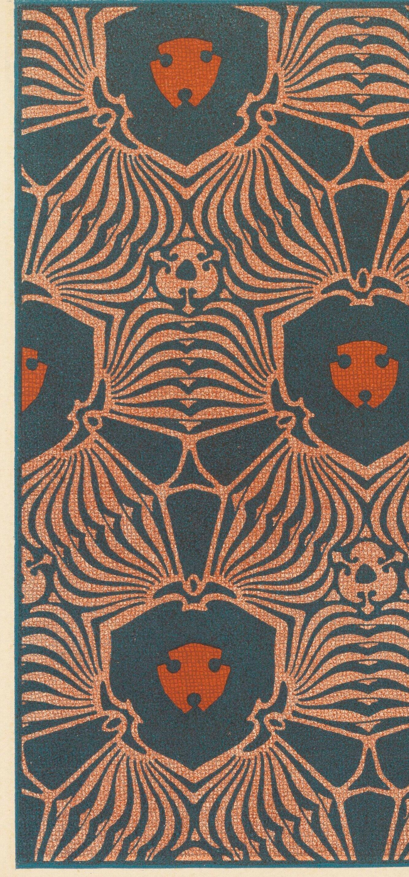 Dark slate-blue field of stylised copper and rust flower heads in a strict grid repeat