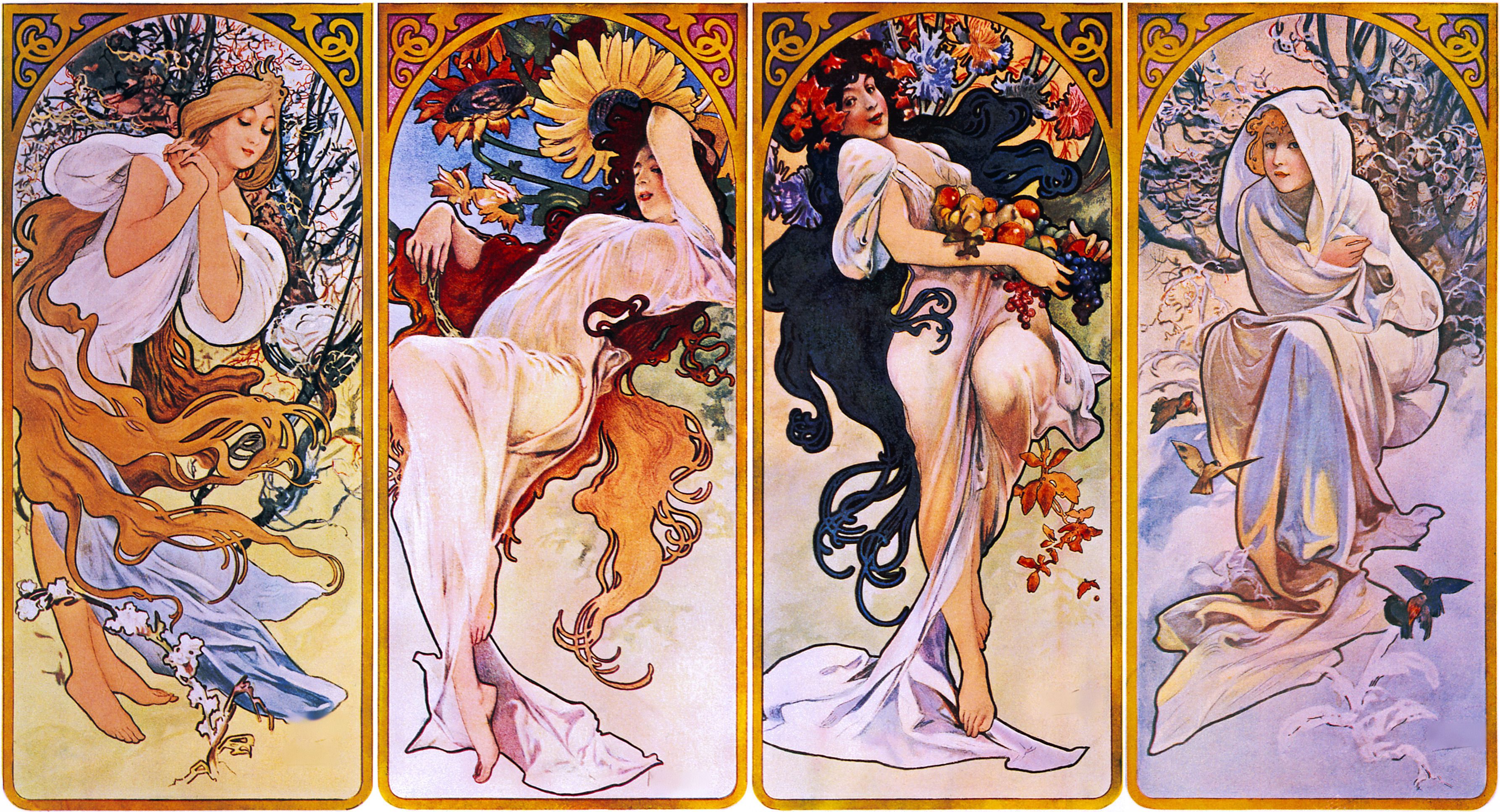 Four tall ornamental panels side by side, each a woman personifying a season among spring blossom, summer poppies, autumn vines and winter snow