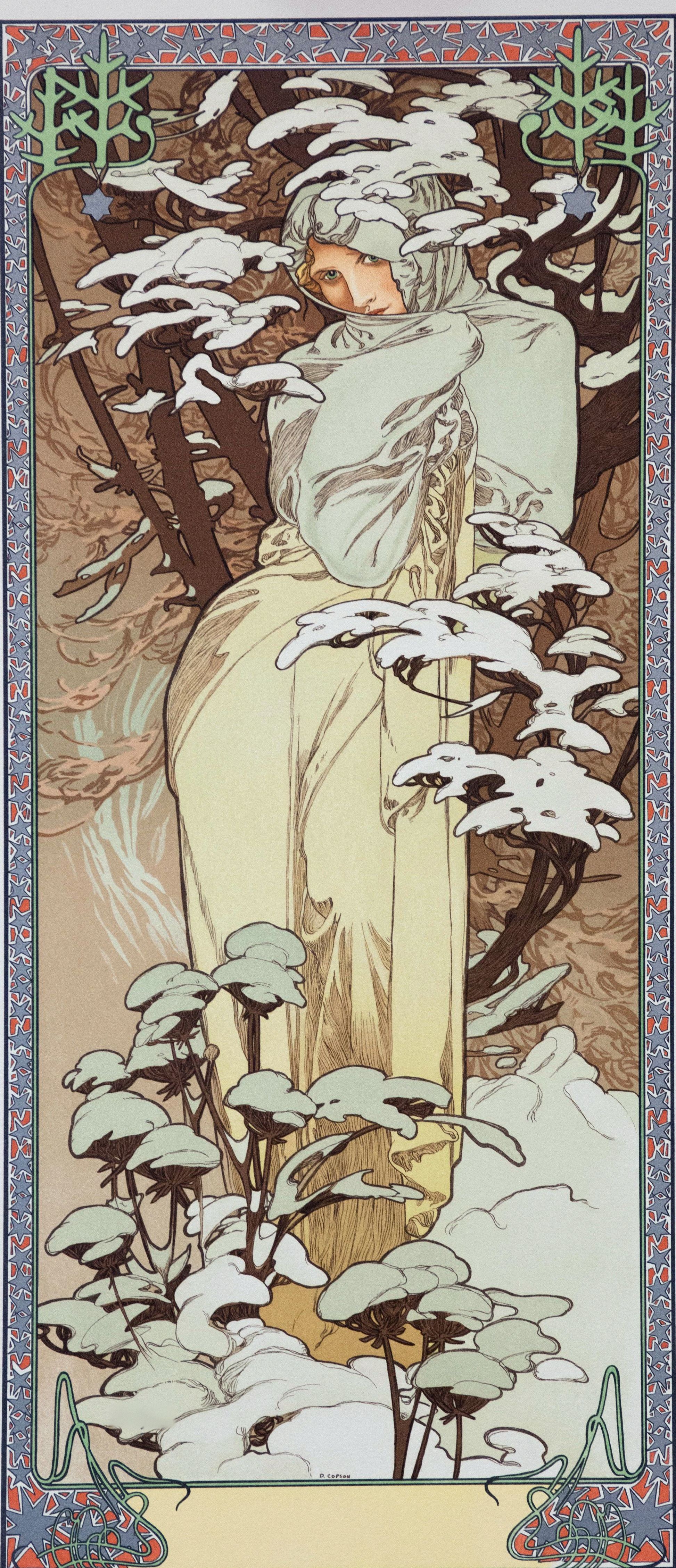 A woman wrapped in a pale cloak warms a bird in her hands among snow-laden branches, inside an ornamental border
