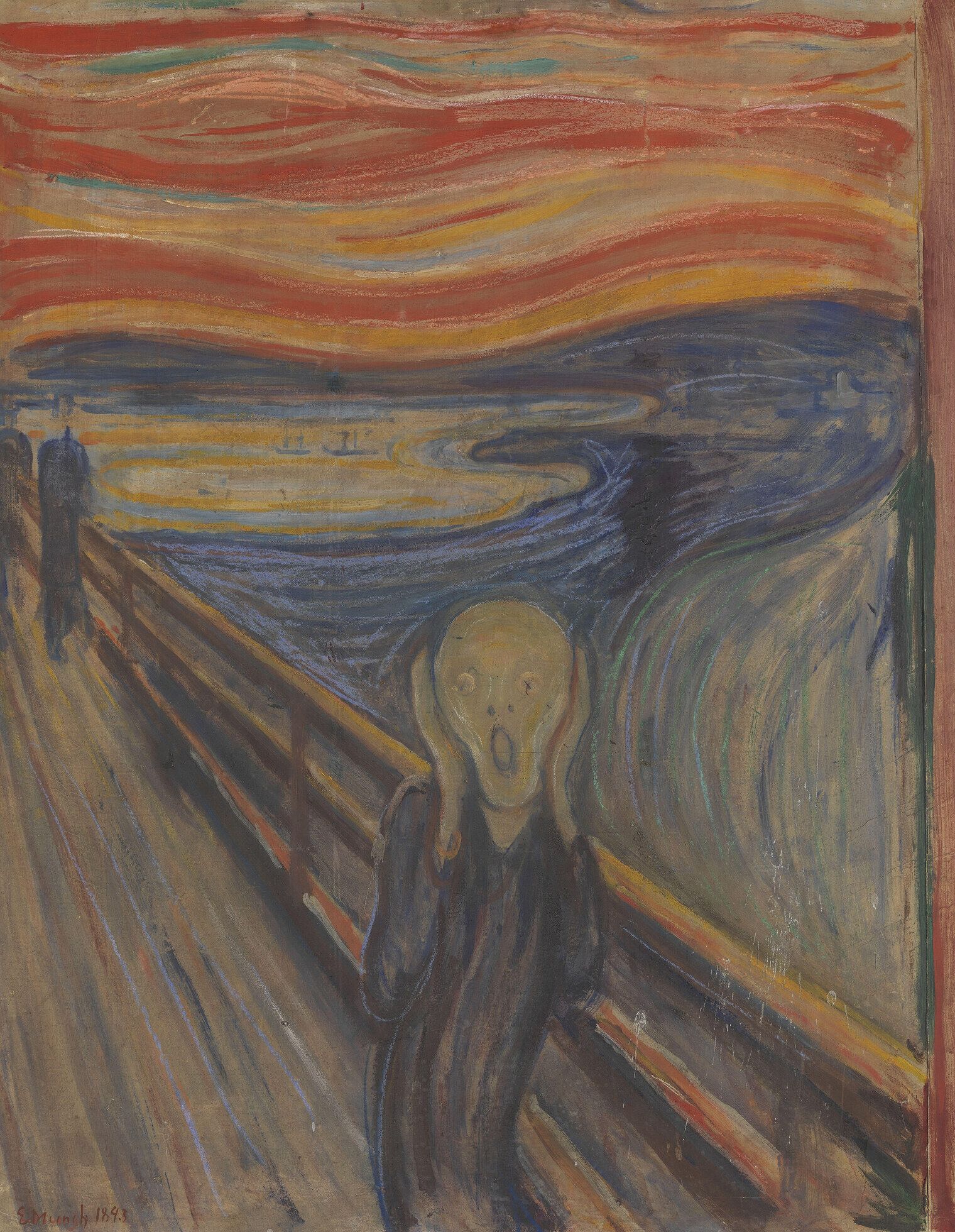 A hairless figure on a bridge holding its face, mouth open, under a sky banded in red and orange above a blue fjord