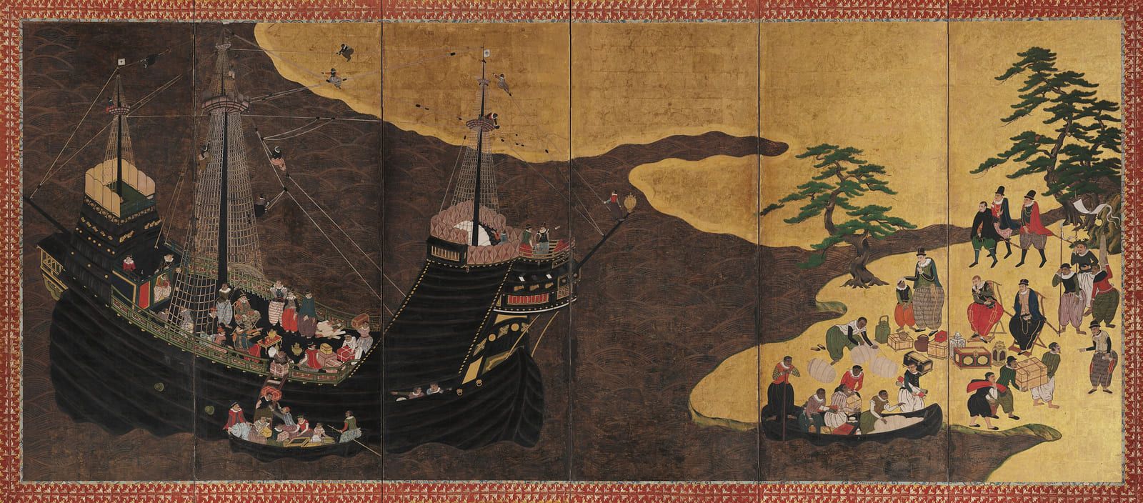 A high-sided trading ship at anchor with crowds of figures on the shore, worked in colour and gold on a folding screen