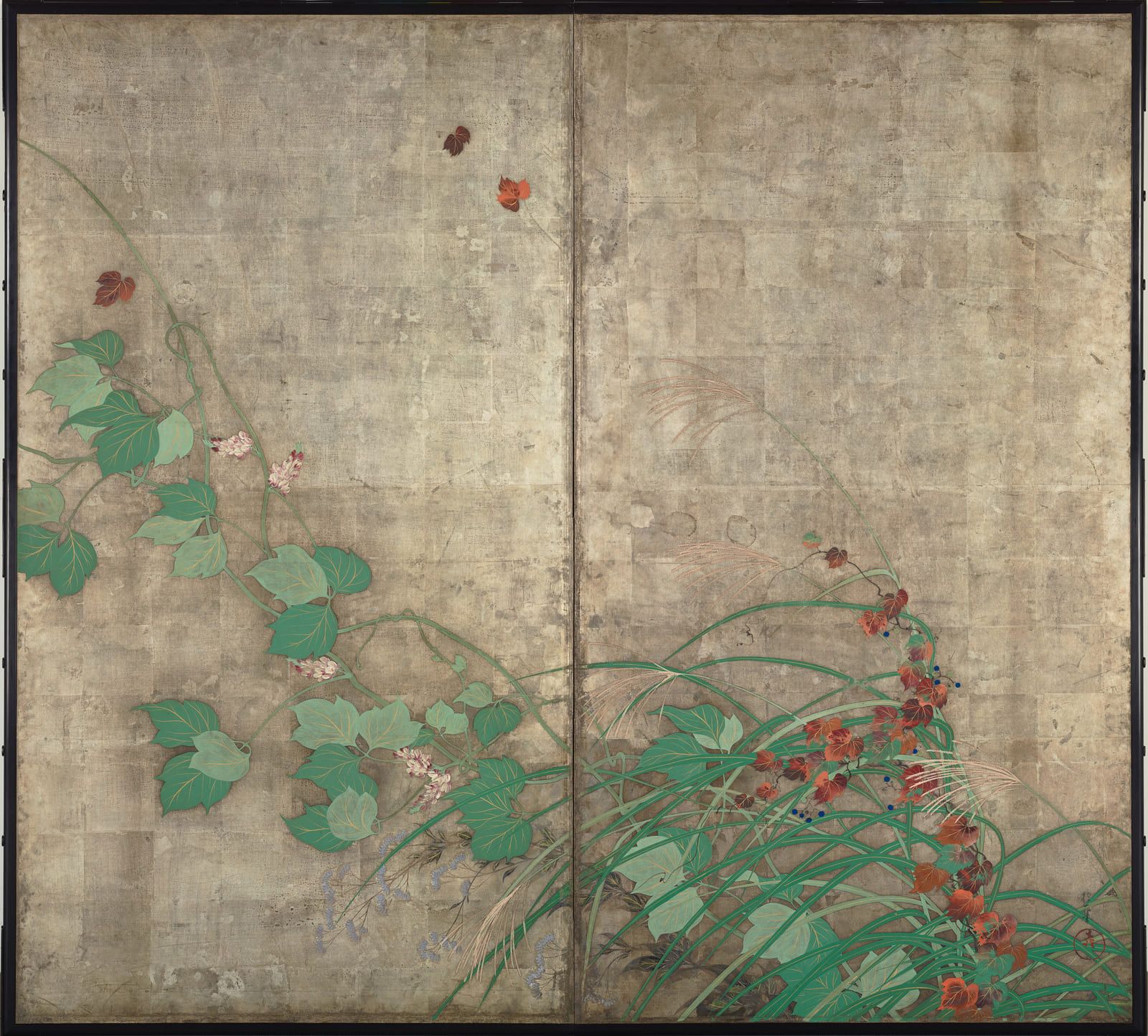 Trailing green vines and red-flowered grasses sweeping across a tarnished silver ground on a two-panel screen