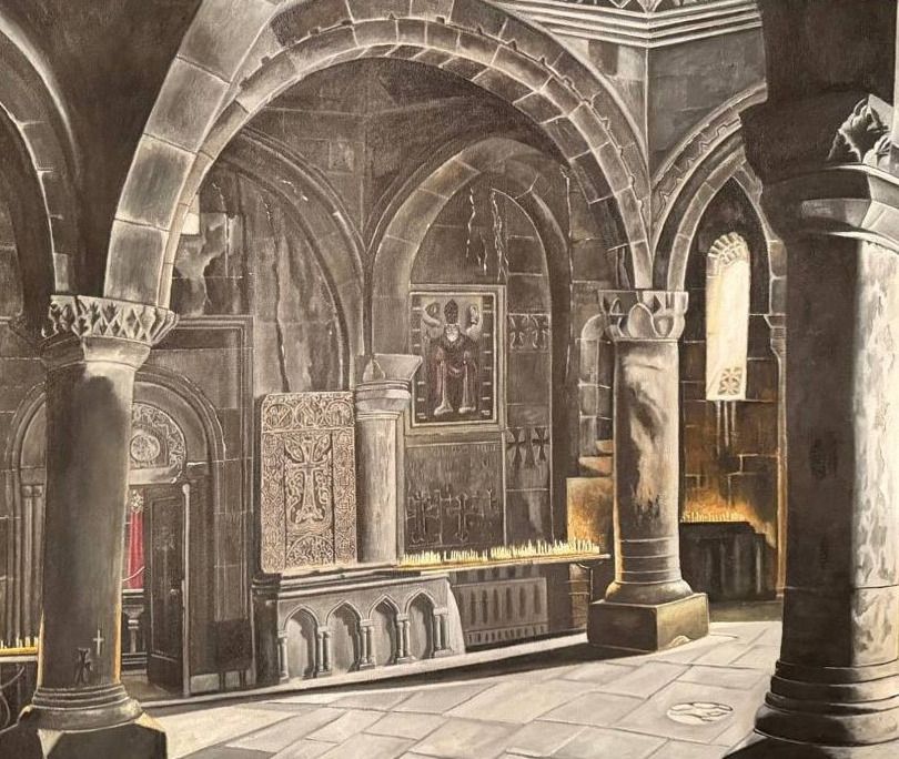 Monochrome painting of a candlelit church nave with heavy columns and a carved cross-stone