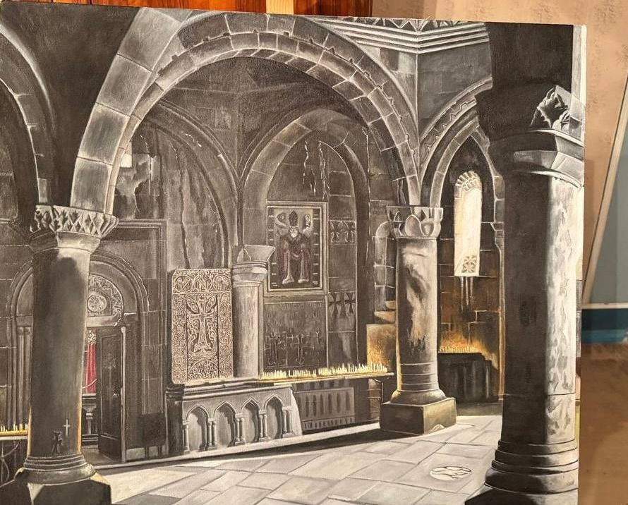 Monochrome painting of a candlelit church nave with heavy columns and a carved cross-stone