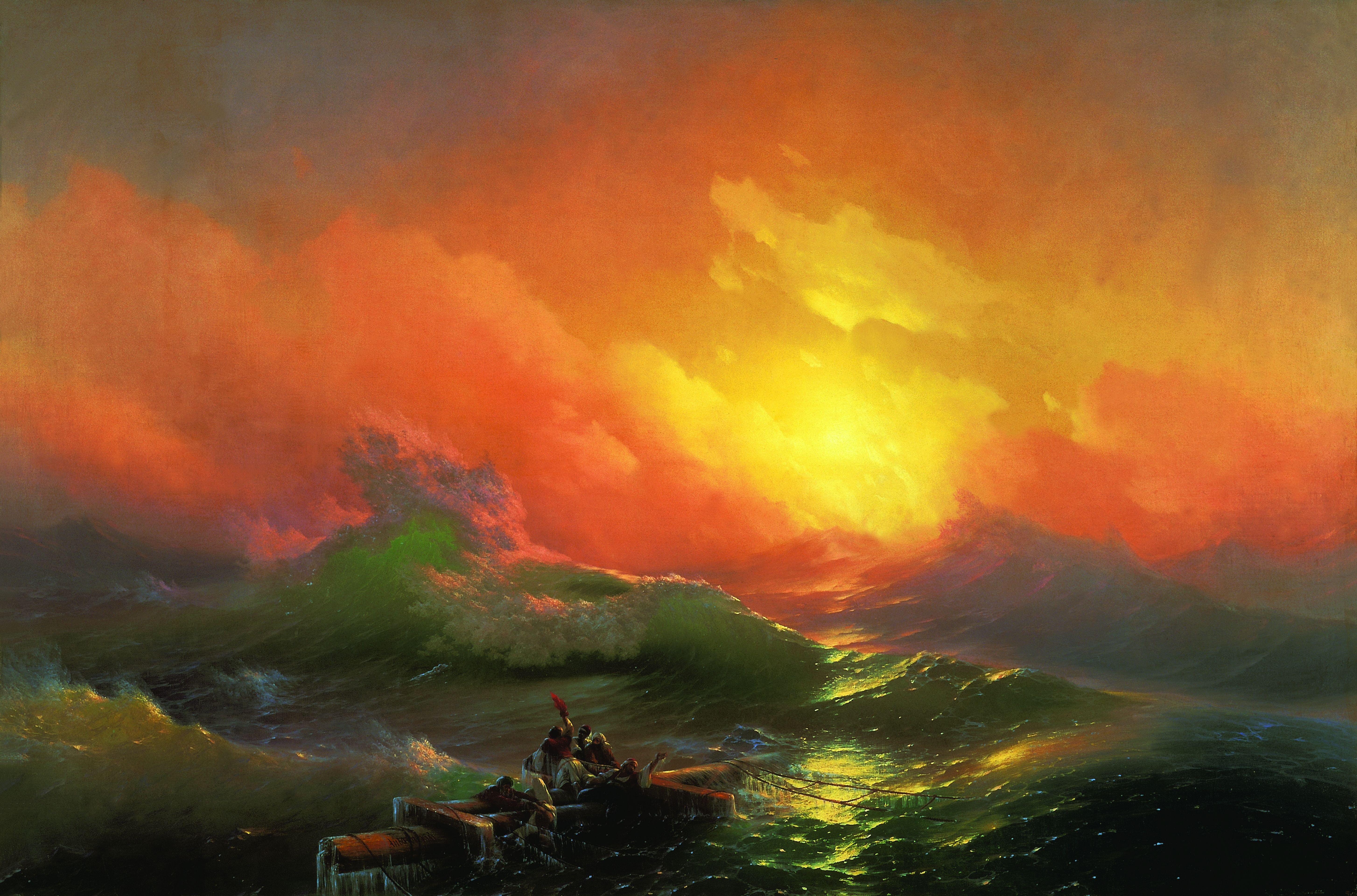 Survivors cling to mast wreckage on a towering green wave as a fiery orange sunrise burns through storm cloud