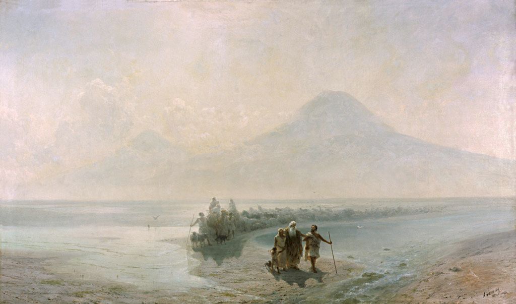 Noah leads a long procession of people and animals down a pale plain beneath the luminous snow-capped cone of Mount Ararat