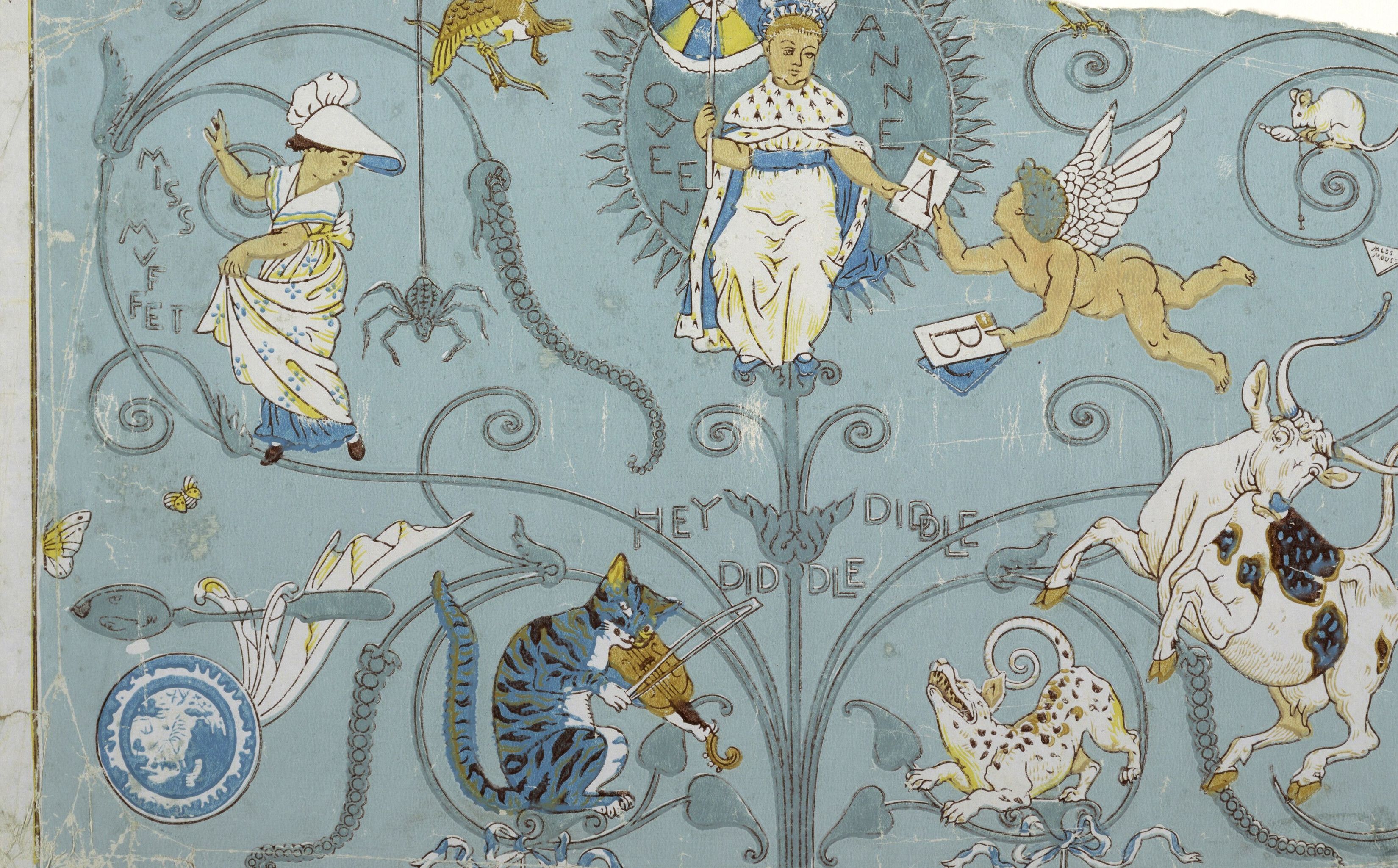 Blue ground printed with Hey Diddle Diddle - a cat with a fiddle, a leaping cow, a dish and spoon running away, and cherubs among scrolling stems