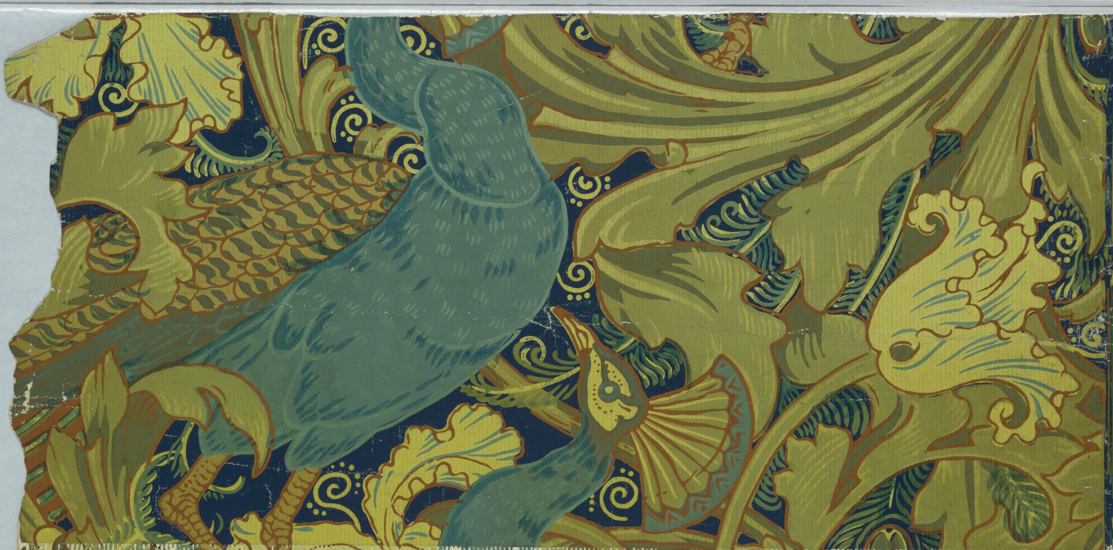 A teal peacock in profile among stylised olive and gold foliage on a dark ground