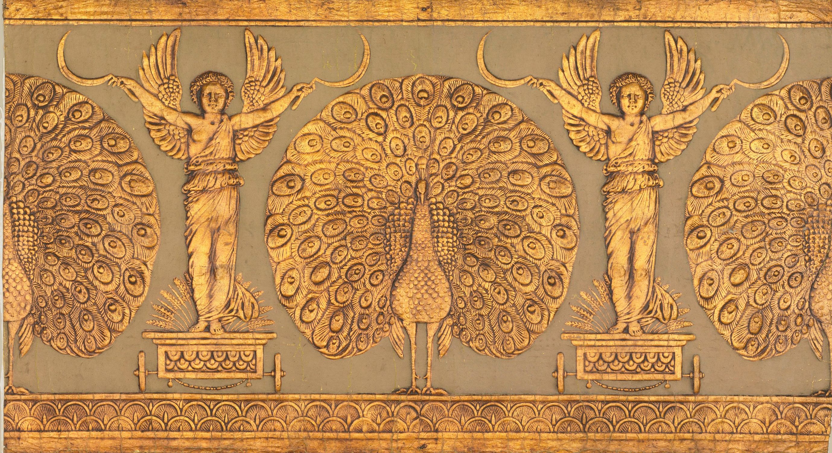 A gilded frieze of peacocks with spread tails alternating with winged figures holding crescents, embossed in bronze and gold on a beige ground