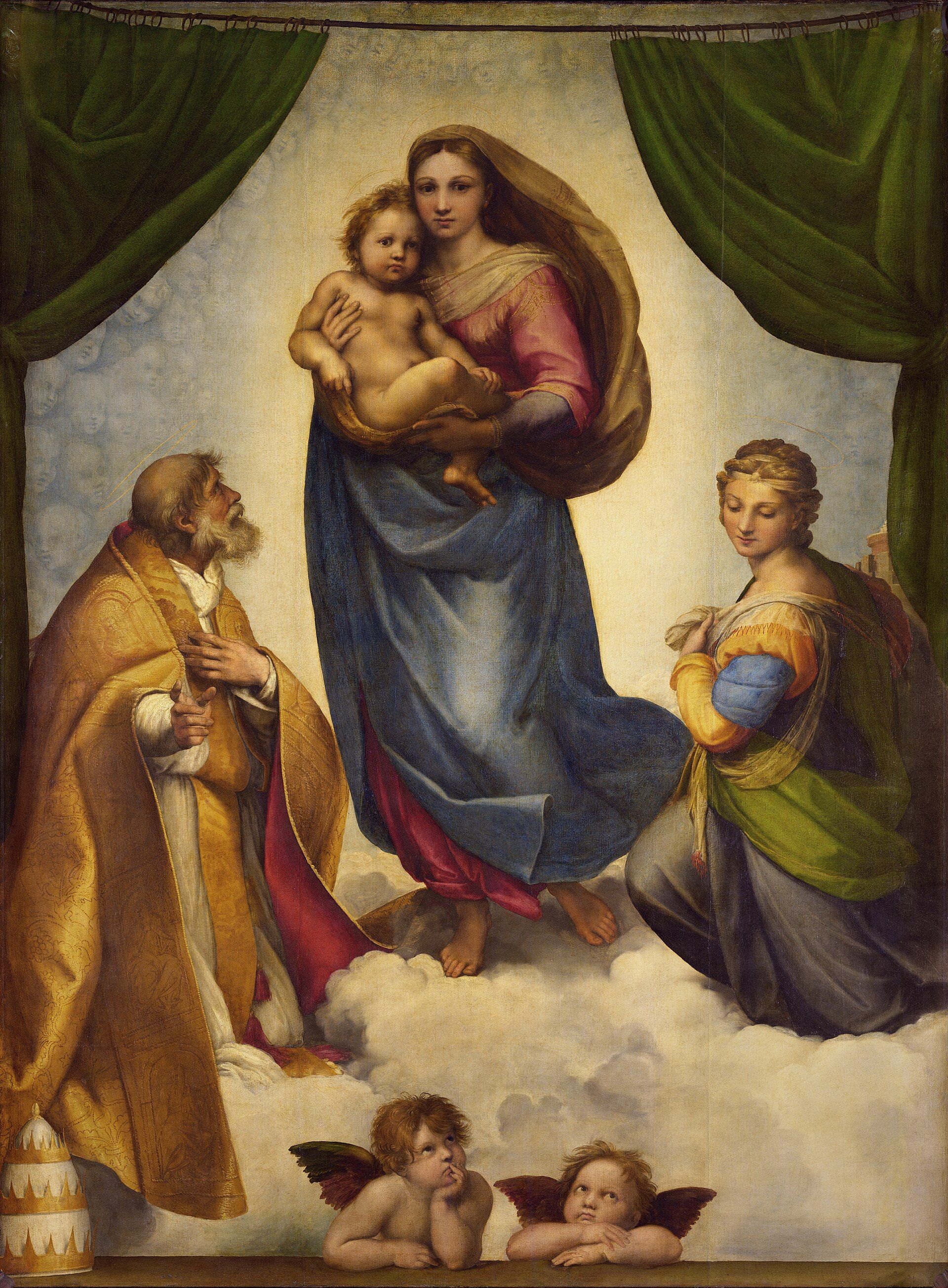The Virgin carrying the Christ child walking forward on cloud between drawn green curtains, a kneeling pope and saint either side and two winged putti leaning on a ledge below