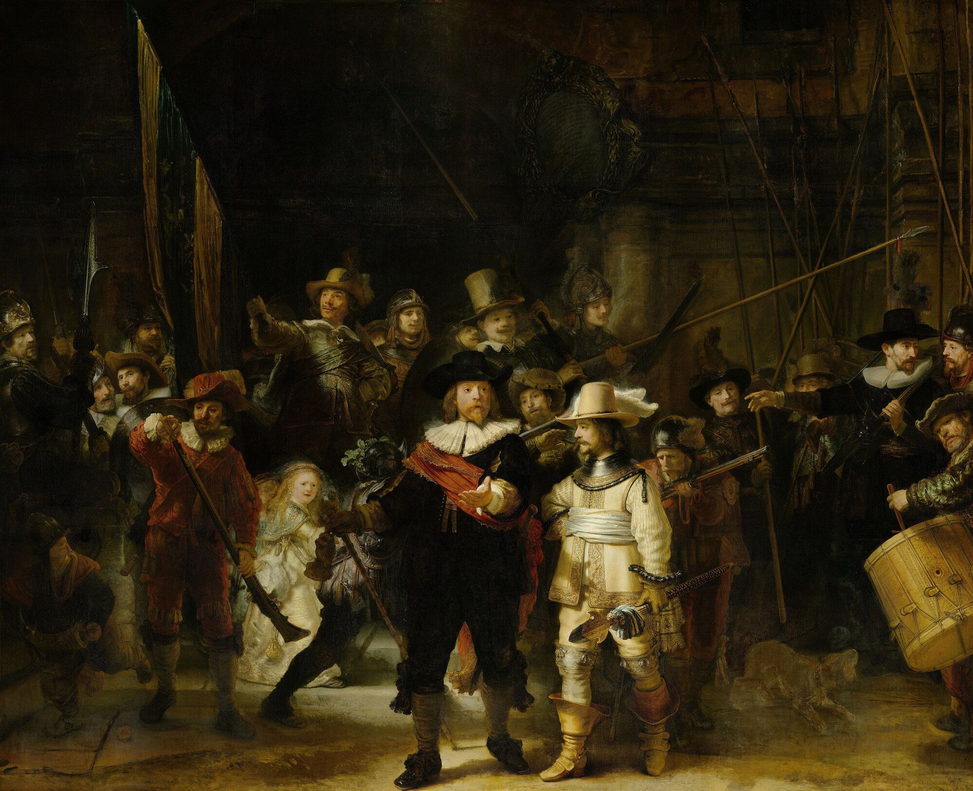 A militia company stepping forward out of shadow, a captain in black and a lieutenant in pale gold at its centre