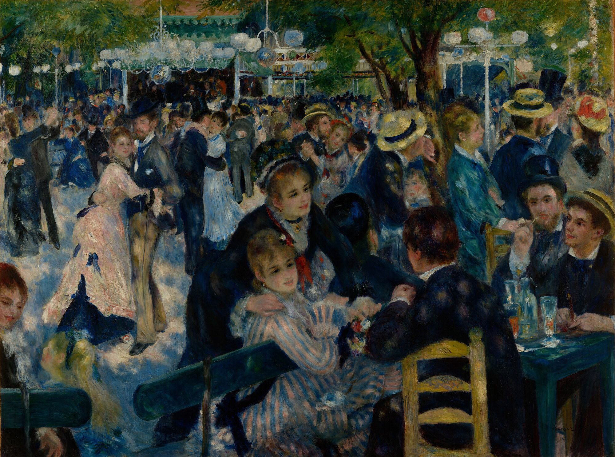 A crowded open-air dance under trees, dappled sunlight falling across straw hats, striped dresses and glasses on a table