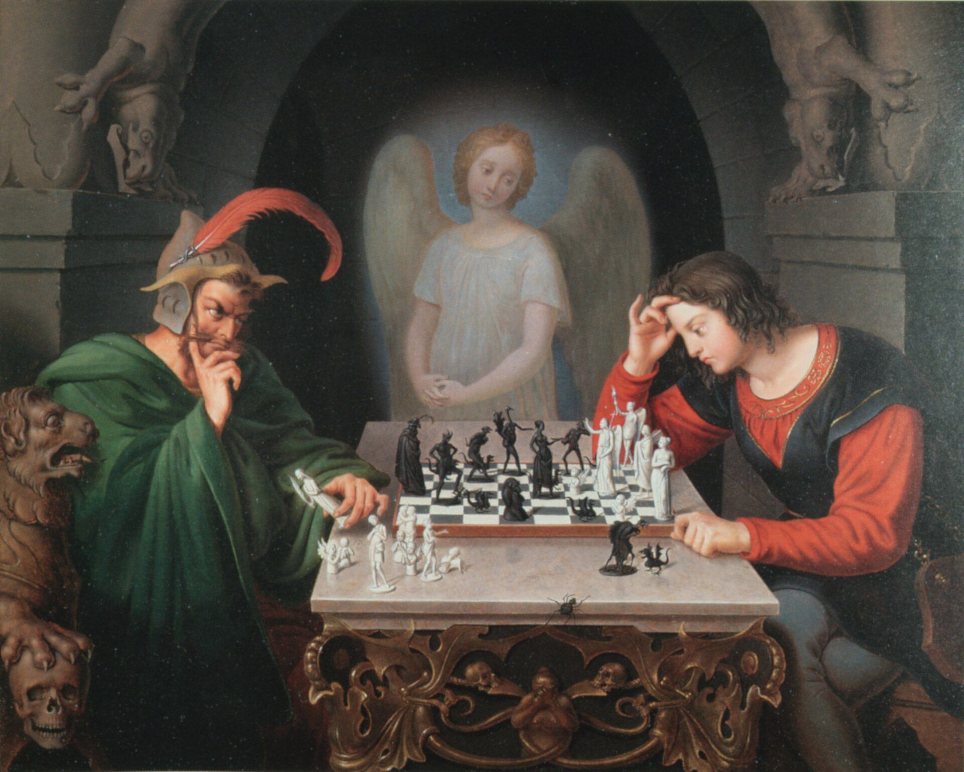 A horned figure in green and a youth in red bent over a chessboard on a carved table, a winged figure watching from the arch behind