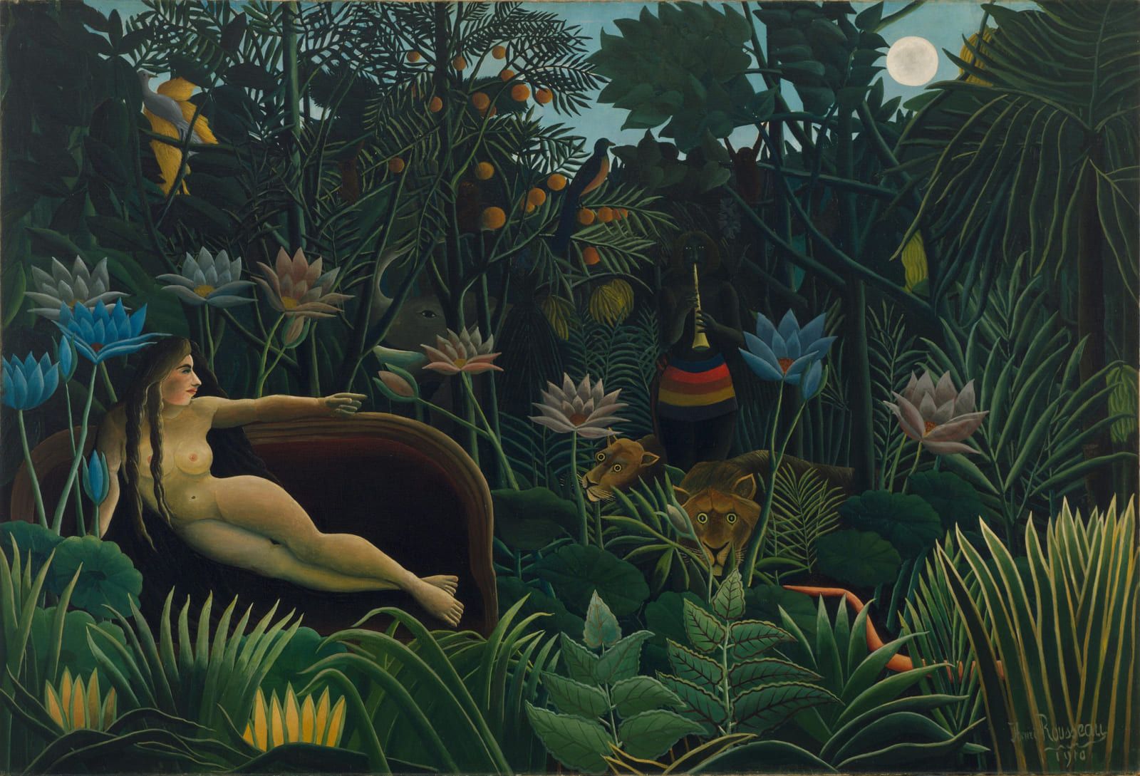 A woman reclining on a couch set impossibly within dense jungle, with lions, birds and a full moon behind