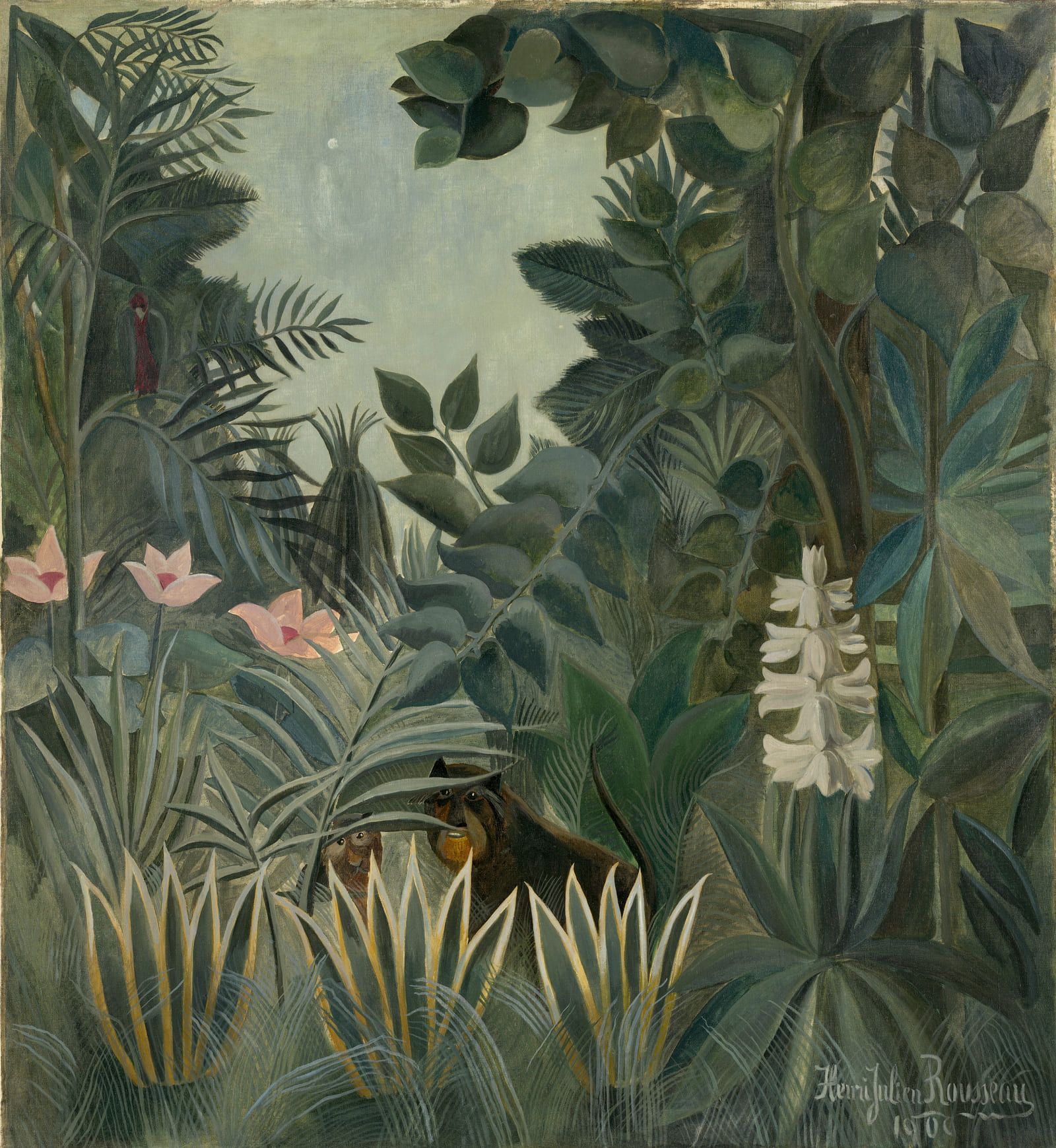 Dense jungle foliage in layered greens with pale blossom and a small animal half hidden near the centre