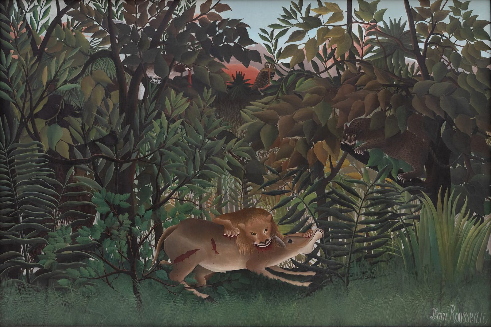 A lion bringing down an antelope in dark undergrowth, with other creatures watching from among the leaves
