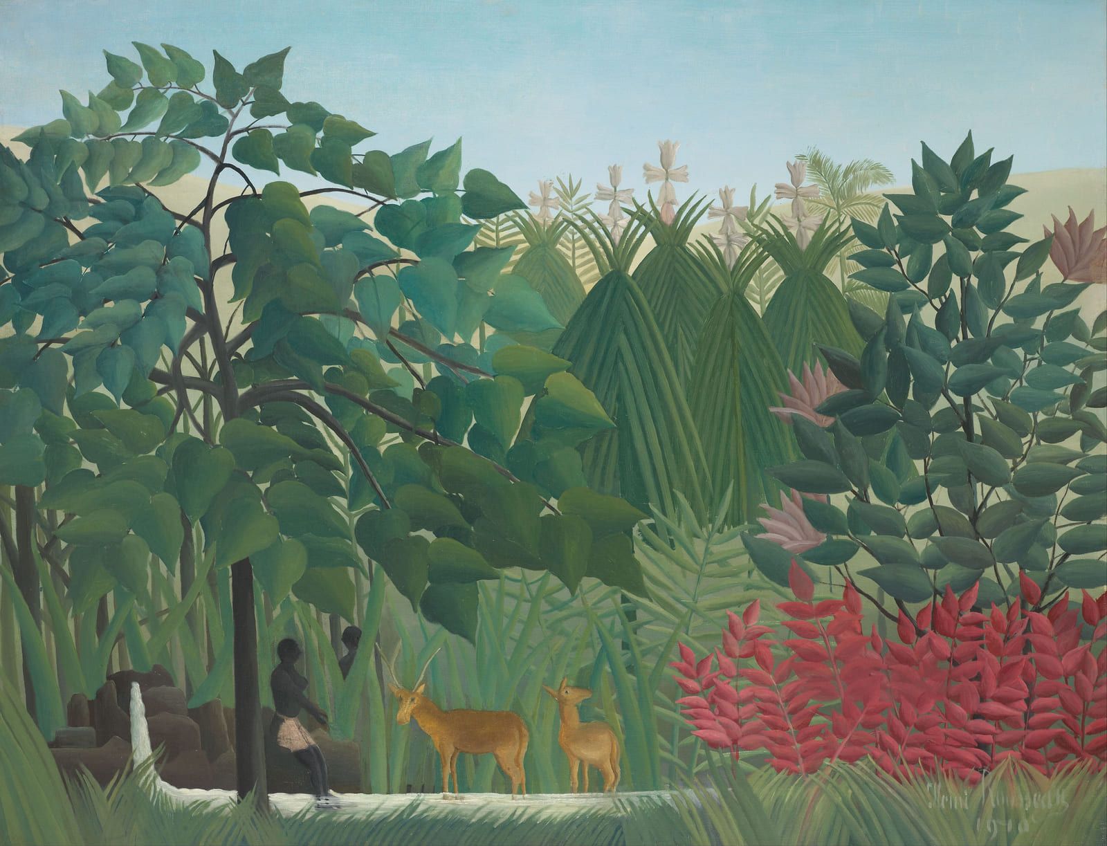 A clearing with two deer at the water's edge, red and green foliage either side and pale sky above the trees