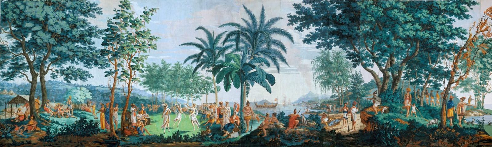A tropical shore of palms and broad-leaved trees with gathered figures along the foreground and pale hills behind