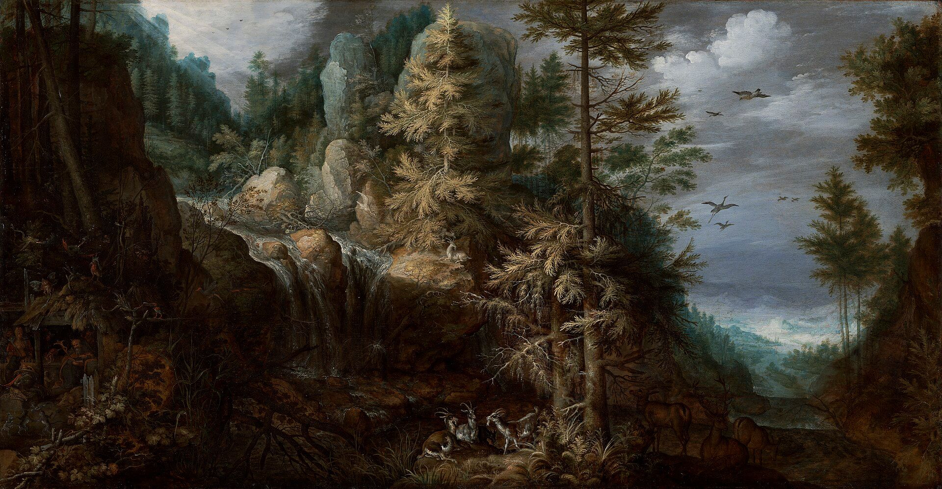 A wooded gorge with a waterfall falling between crags, pale firs against a grey sky and deer grazing on the near bank