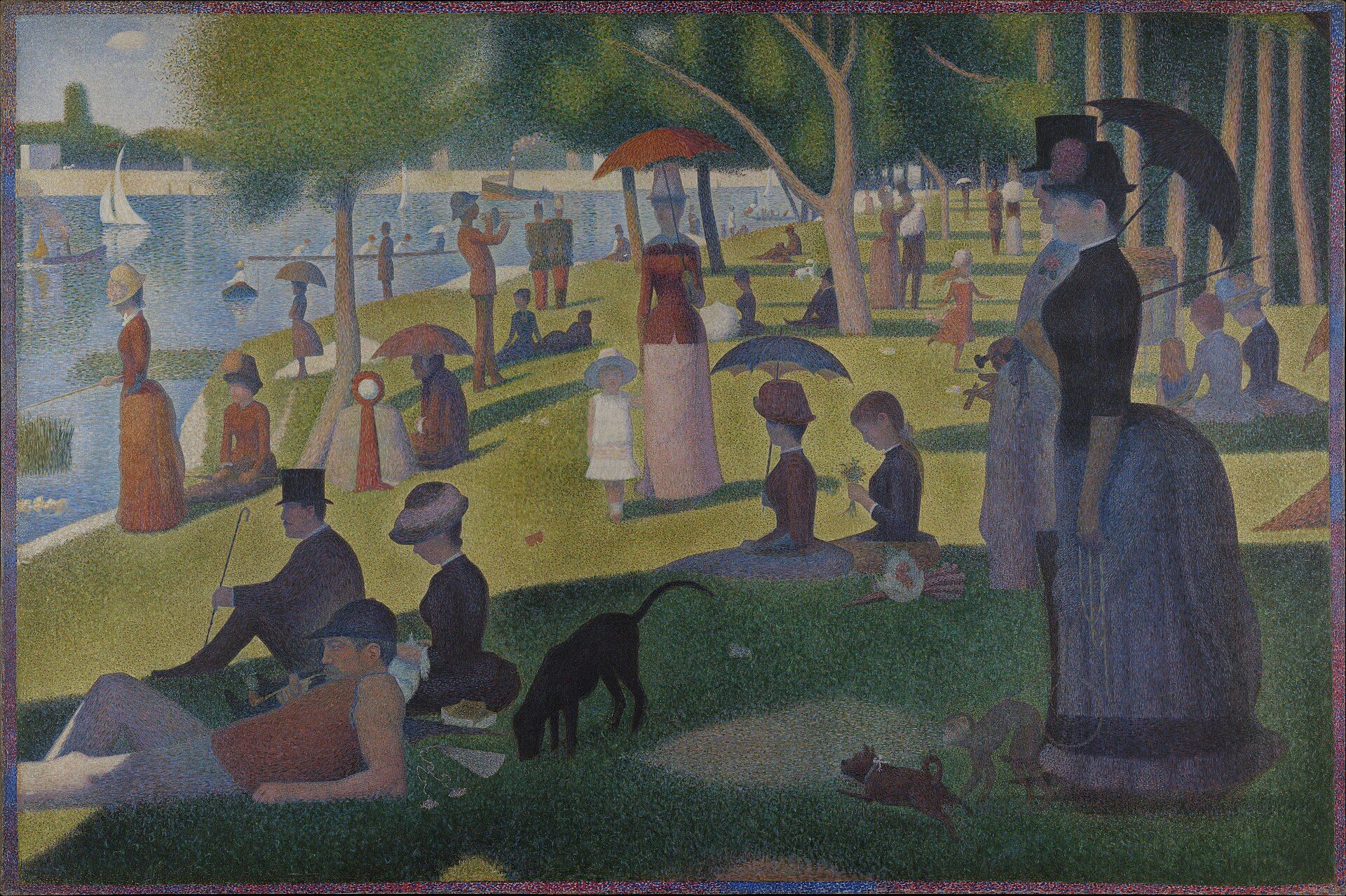 Parisians standing and sitting on a sunlit riverbank under trees, parasols and top hats among them, sailing boats on the water beyond