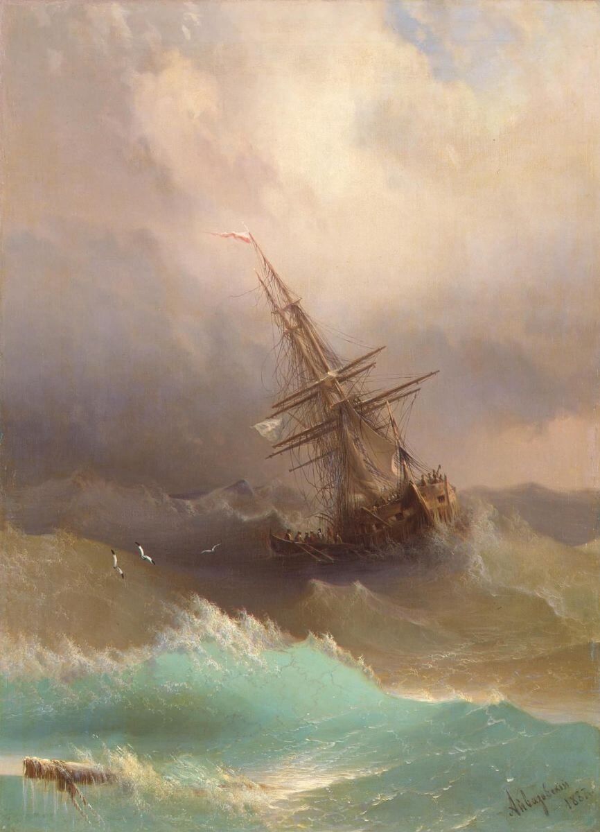 A square-rigged ship heeling in heavy green seas under a bank of storm cloud, gulls low over the crests