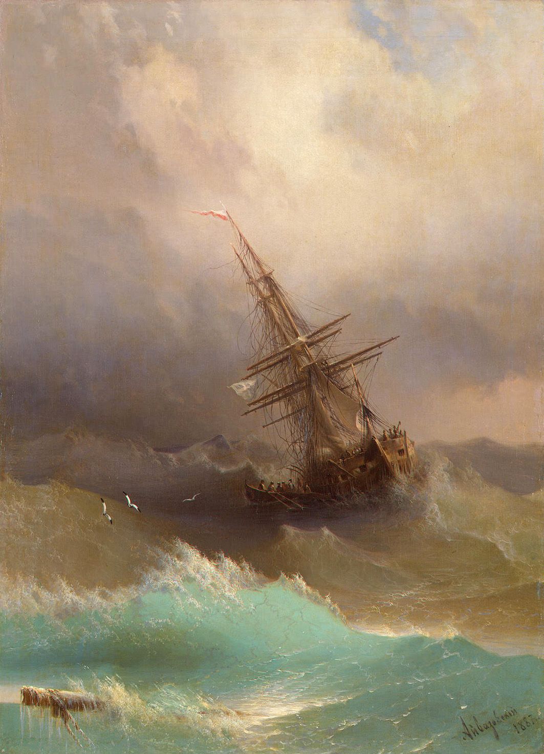 A square-rigged ship heeling in heavy green seas under a bank of storm cloud, gulls low over the crests