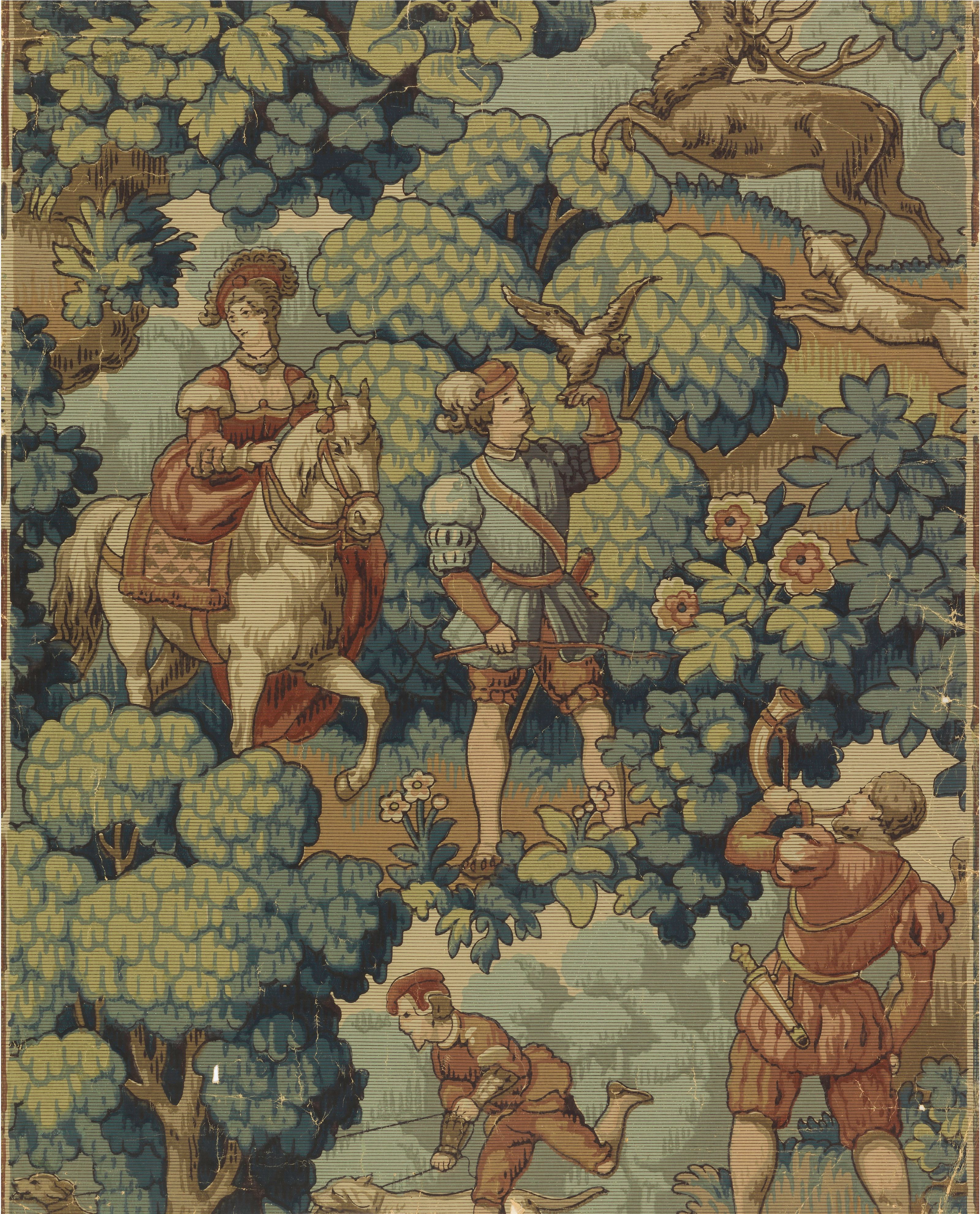 A hunting scene in blues and browns worked to look woven - a rider, a falconer, hounds and a stag - among dense round-canopied trees