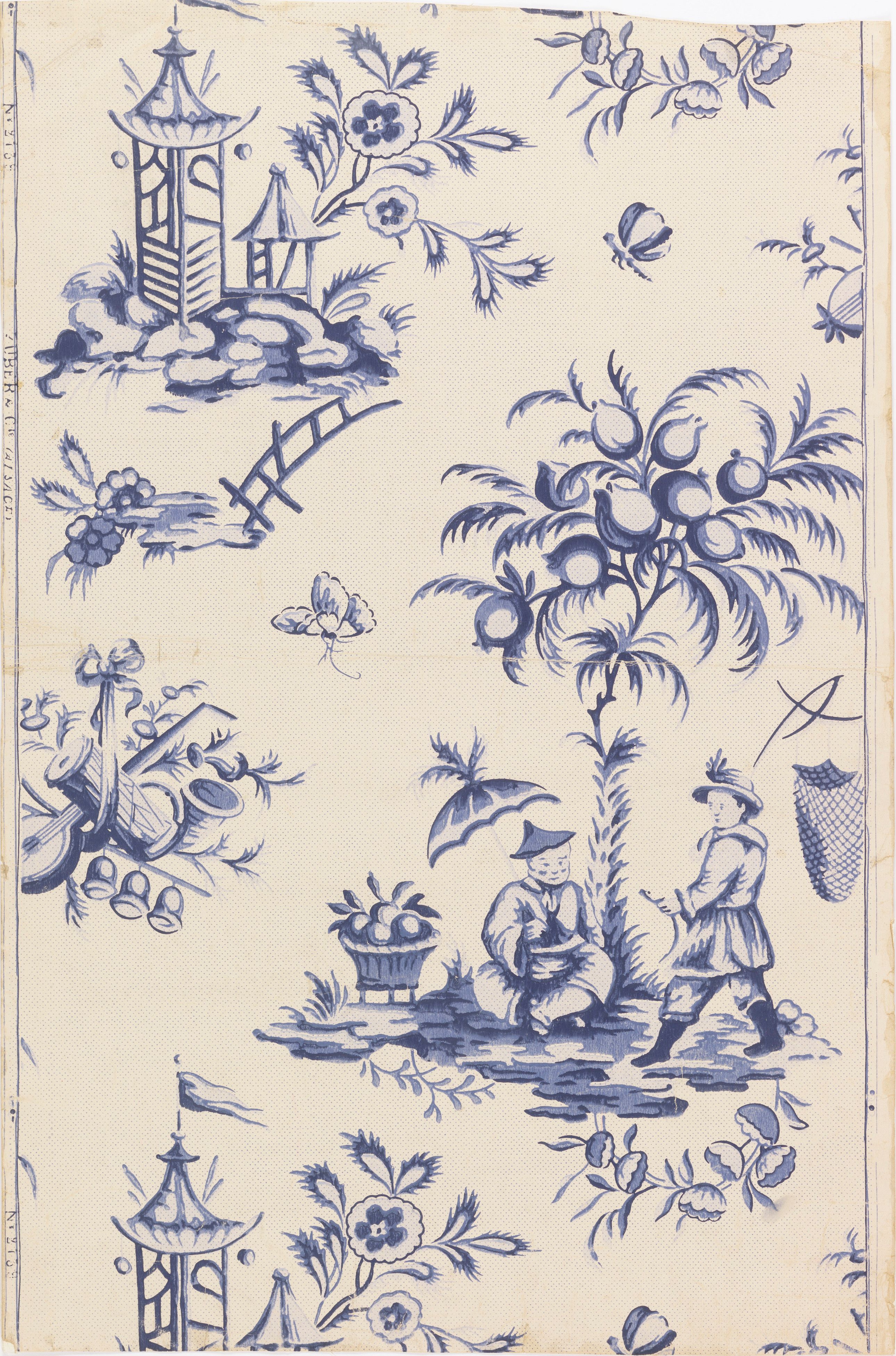 Chinese pavilions, bridges, figures and flowering branches drawn in blues on a cream ground scattered with fine blue dots
