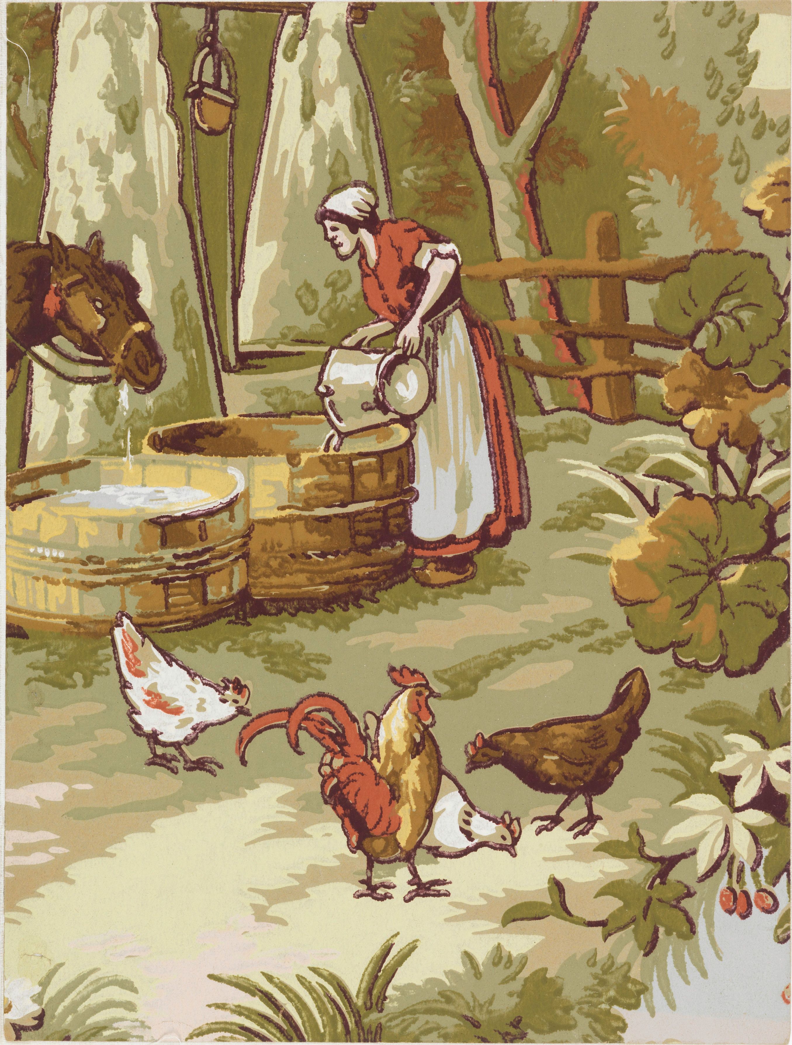 A woman in a red bodice pouring water into a wooden vat under pale birches, a horse drinking from a second vat, and a cockerel with three hens in the foreground, printed in greens