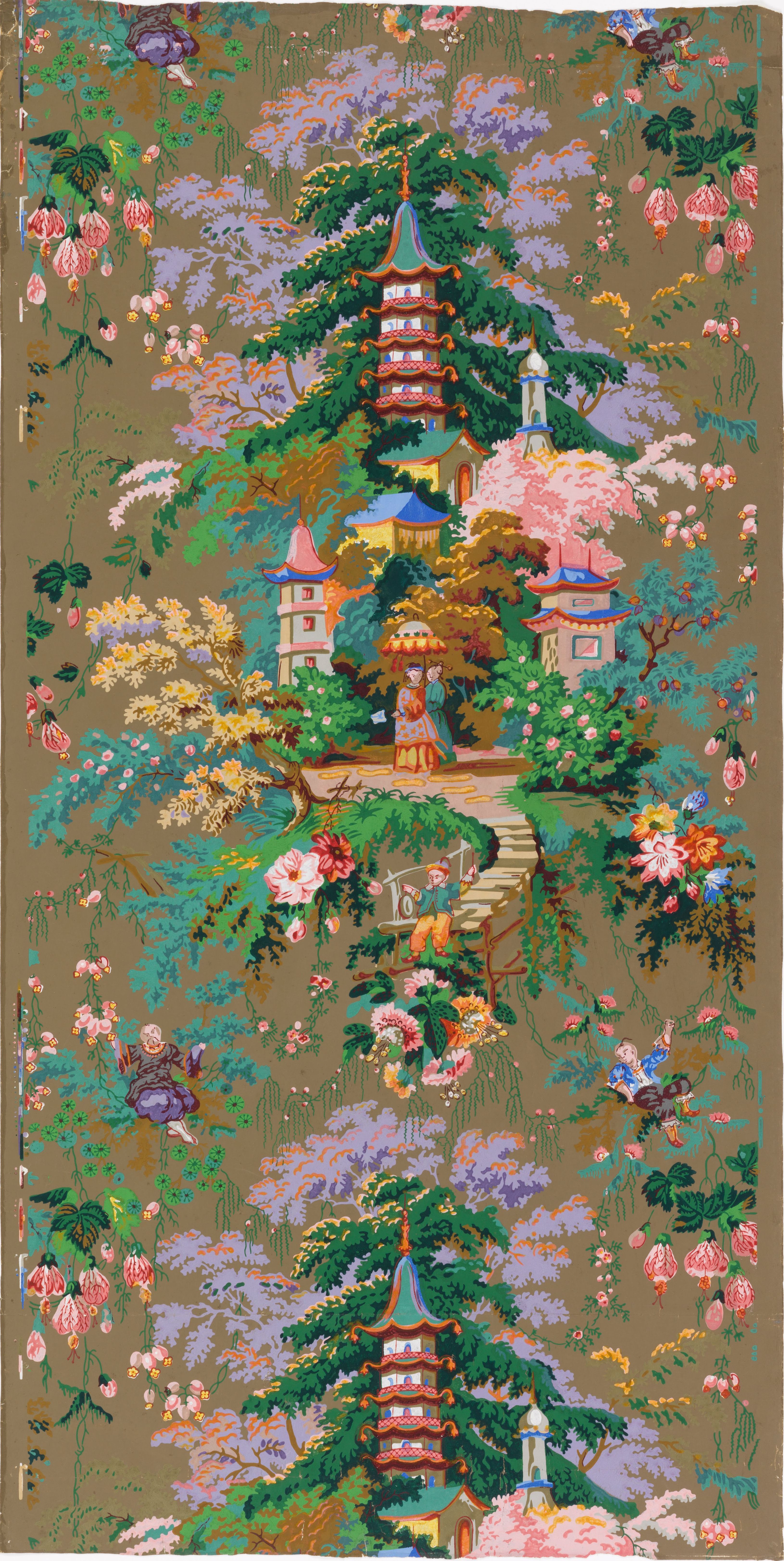 A tall drop of tiered pagodas among flowering trees and wisteria, small figures on a stone path between them, printed in bright colours on a taupe ground