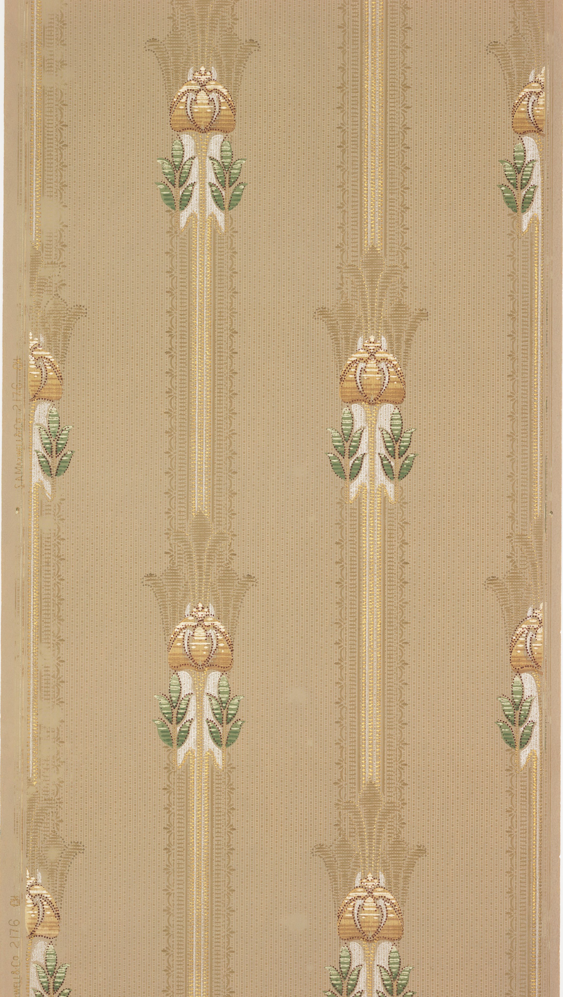 Slim vertical bands of cream and tan carrying stylised tulips in orange and green at regular intervals
