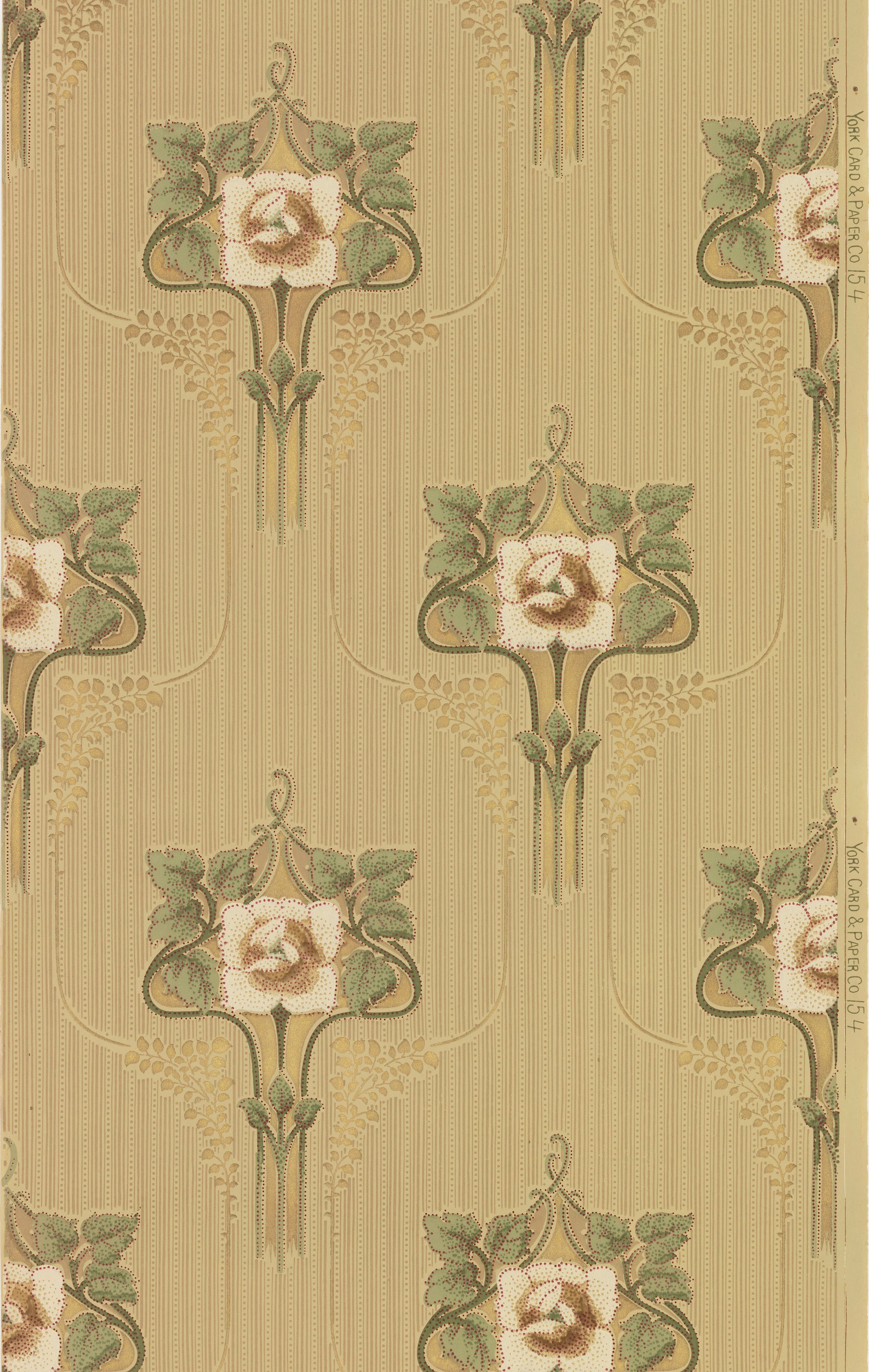 Pale roses held in square frames of green foliage, repeating in columns down a finely striped olive and cream ground
