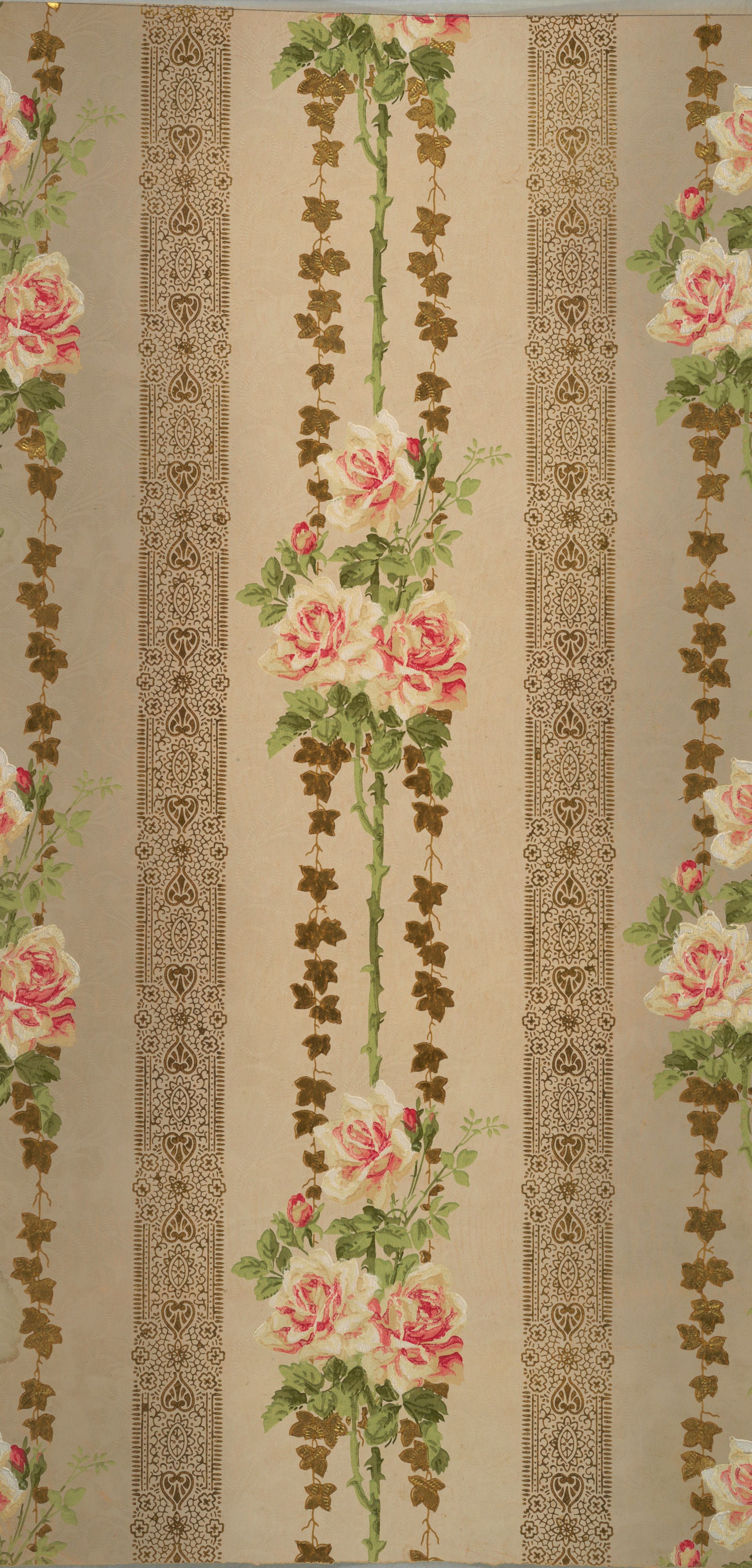 Columns of pink roses alternating with trailing ivy, separated by bands of fine gold lace pattern on a warm grey ground