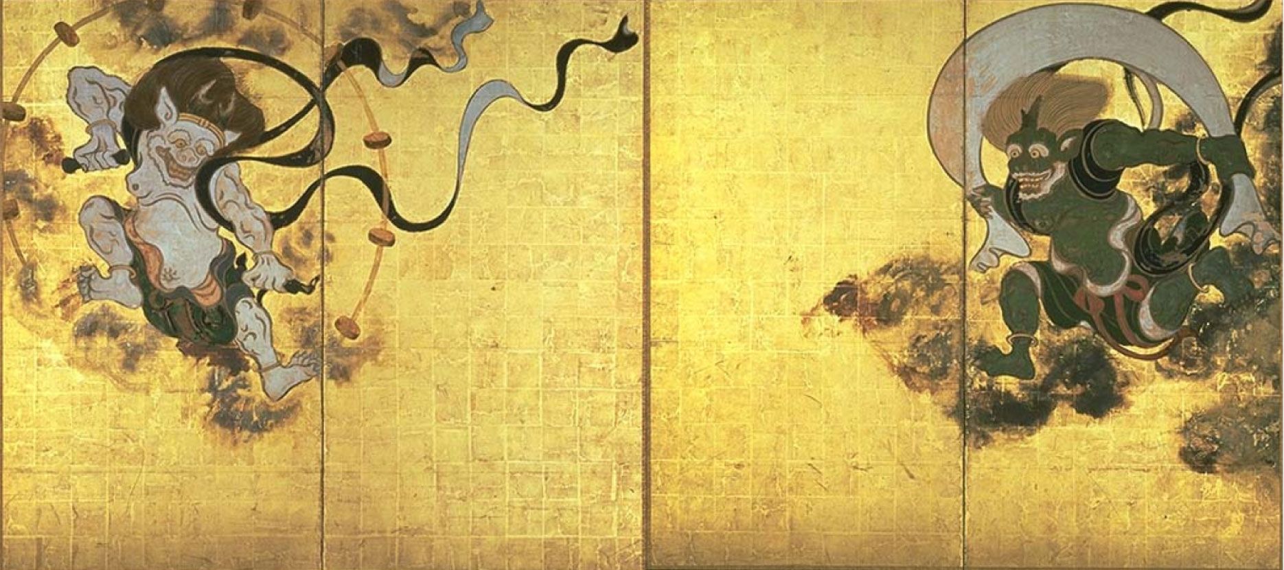 Two green and white demons on billows of dark cloud at opposite corners of a bare gold ground, one carrying a windbag over his shoulders and one a ring of drums