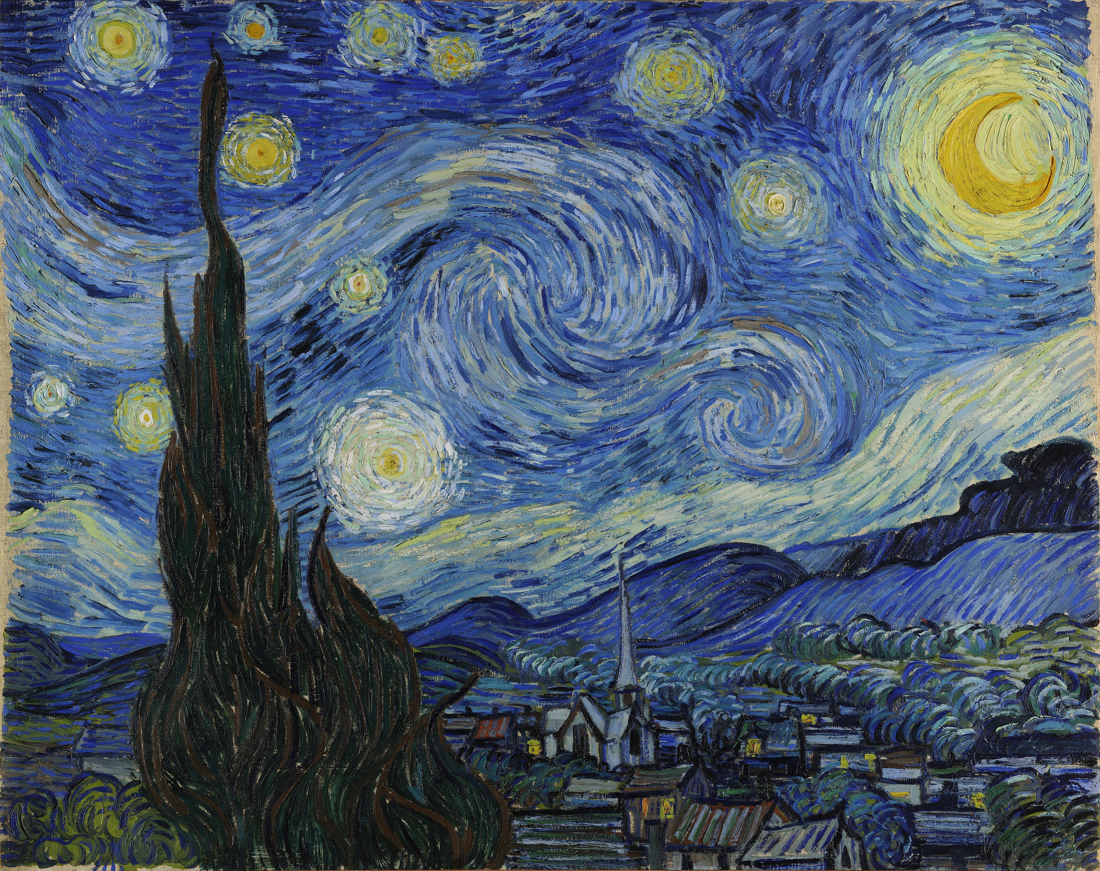 A night sky of rolling blue and yellow whorls above a sleeping village, a dark cypress rising the full height of the canvas at the left
