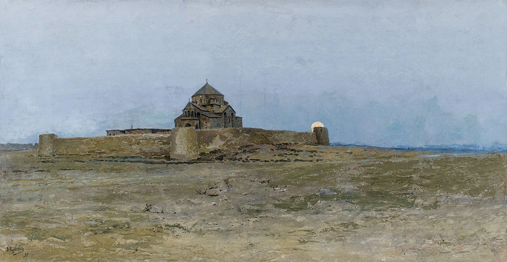 The domed Hripsime church inside its low walled enclosure on an empty ochre plain under a pale blue sky
