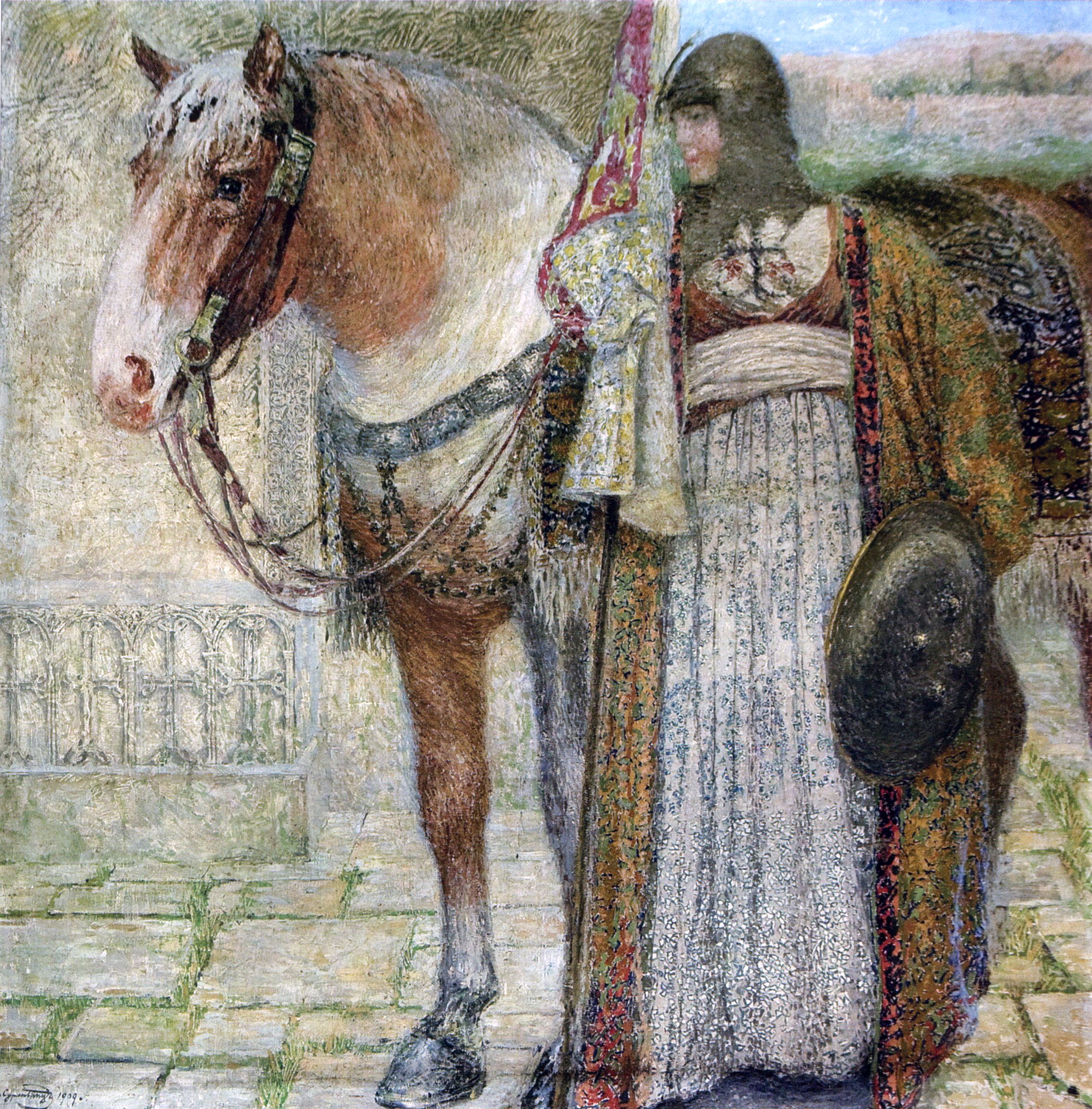 A woman in a chainmail hood and embroidered robe holds a banner and round shield beside a pale horse in ornate harness, against a carved stone wall