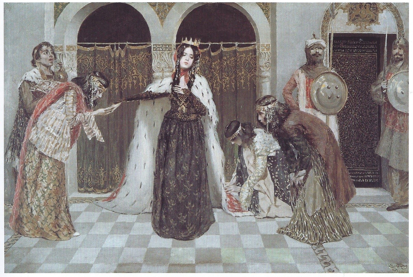 A crowned queen in an ermine-lined robe stands in an arcaded hall as courtiers bow and armed guards flank a carved door