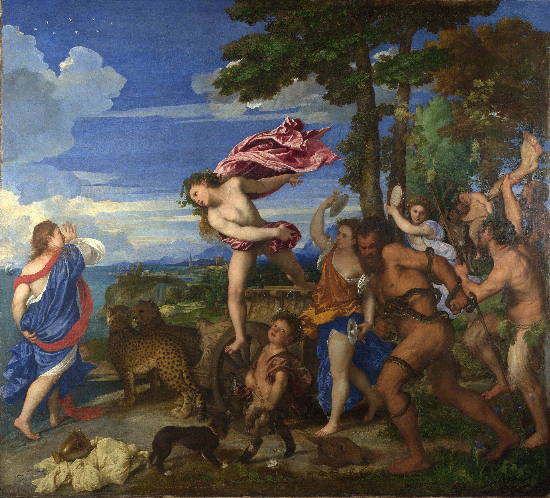 A figure in a red cloak leaping from a chariot drawn by cheetahs toward a woman on the shore, a noisy crowd with cymbals behind under a deep blue sky