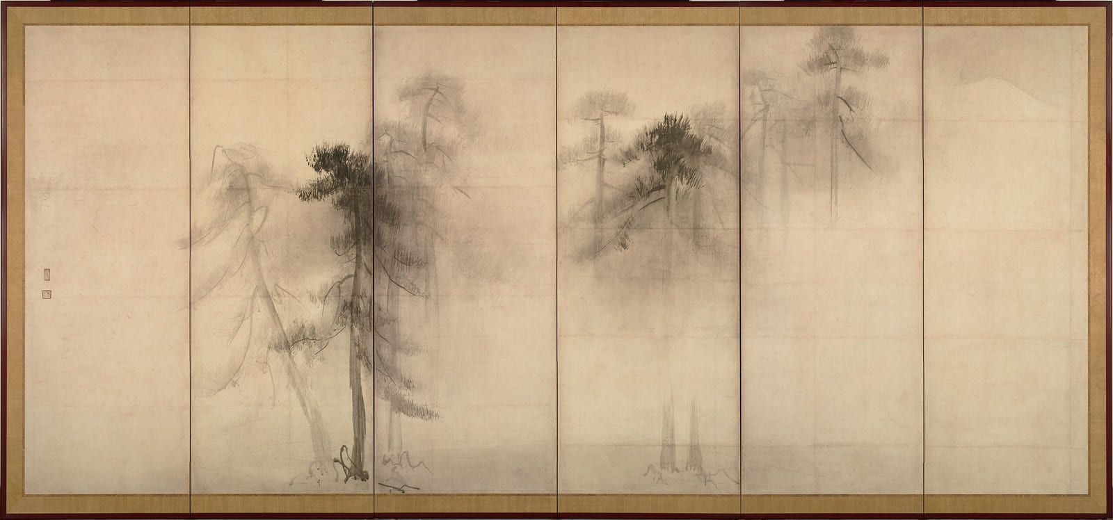 Pine trees in ink emerging from and dissolving into mist across six joined panels, with much of the paper left bare