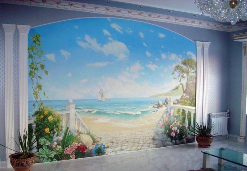 A room whose end wall is painted with a balustrade opening onto a bay, columns either side